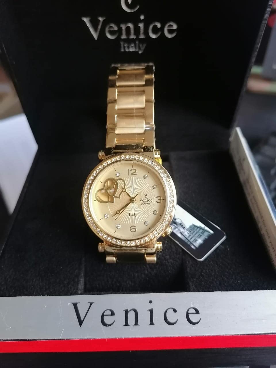 Venice V8120-IPG-G Stainless Steel Stone Embellished Bezel Round Analog Watch for Women - Gold