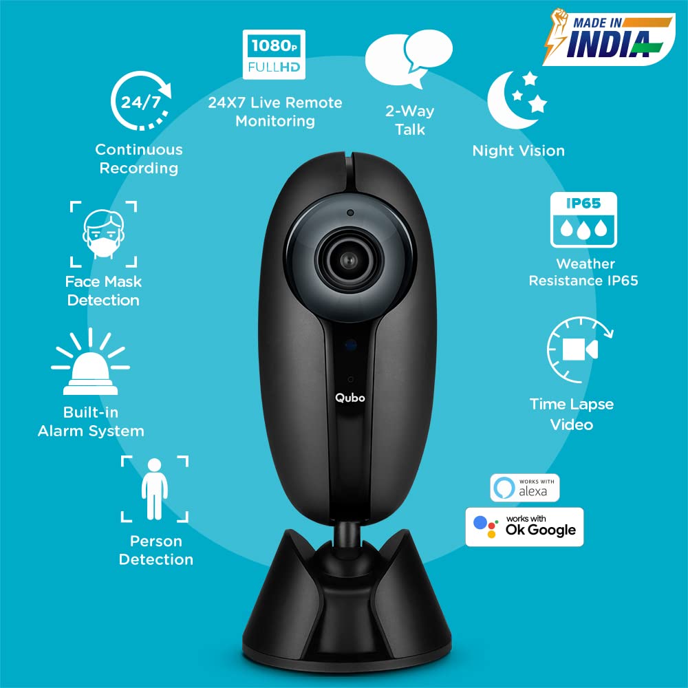 Qubo Smart Home Security Wifi Camera With Intruder Alarm System | 1080P Full Hd 2Mp Camera | Weather Resistant | Alexa & Ok Google Enabled | By Hero Group