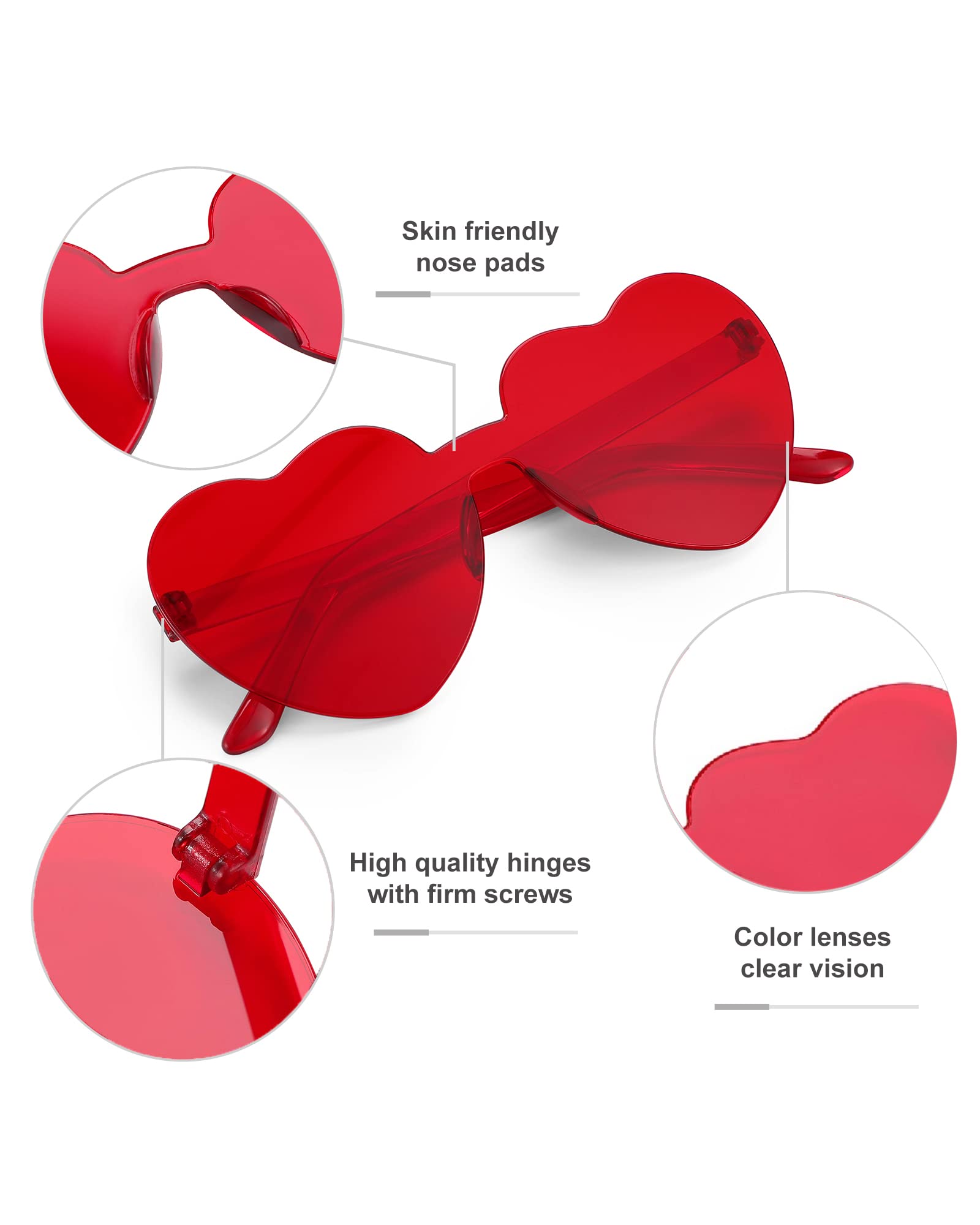 Dllween 8/12 Pairs Heart Sunglasses for Women, Trendy Rimless Transparent Candy Color Heart Glasses for Party Favor