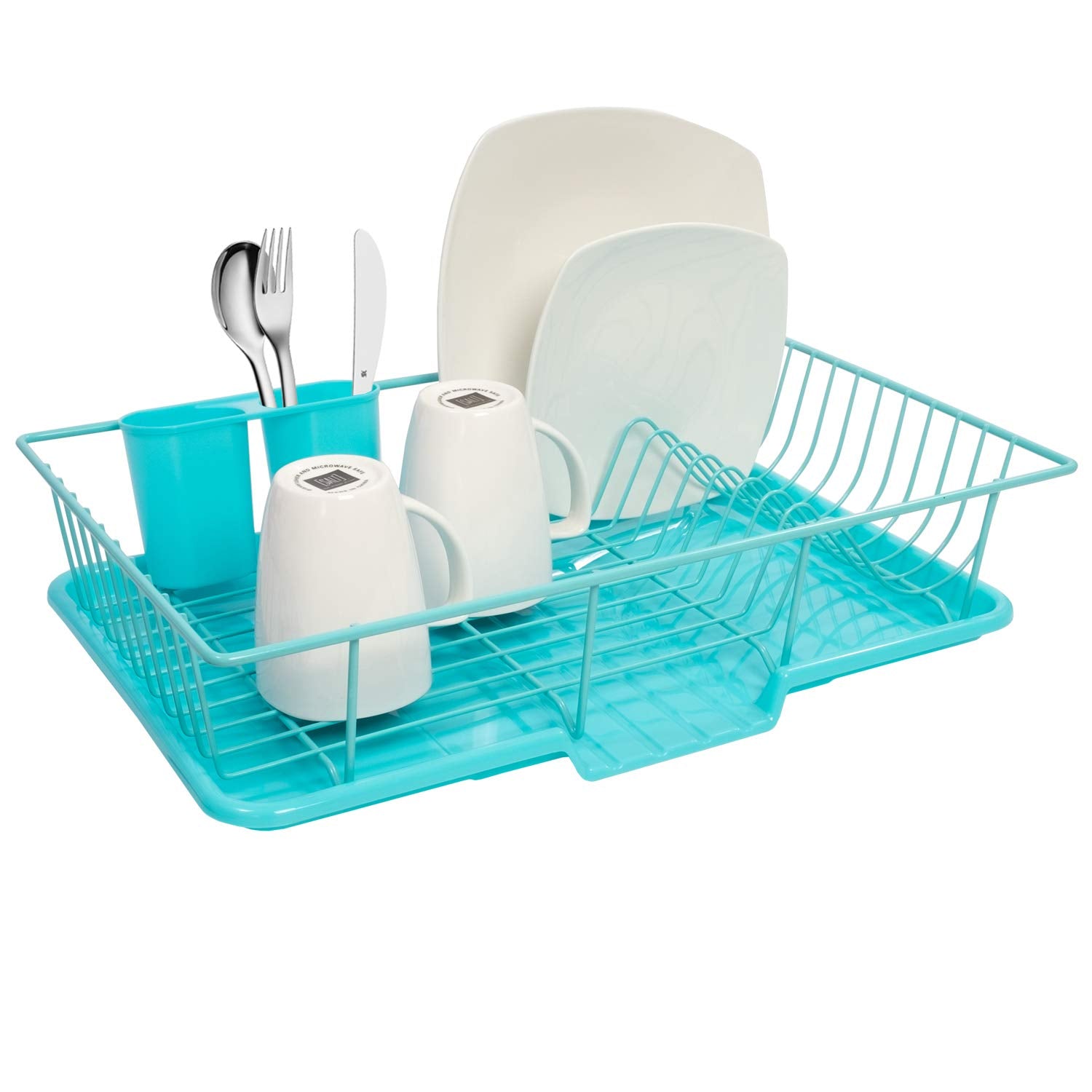 Sweet Home Collection Dish Rack Drainer 3 Piece Set with Drying Board and Utensil Holder, 17" x 12" x 5", Turquoise