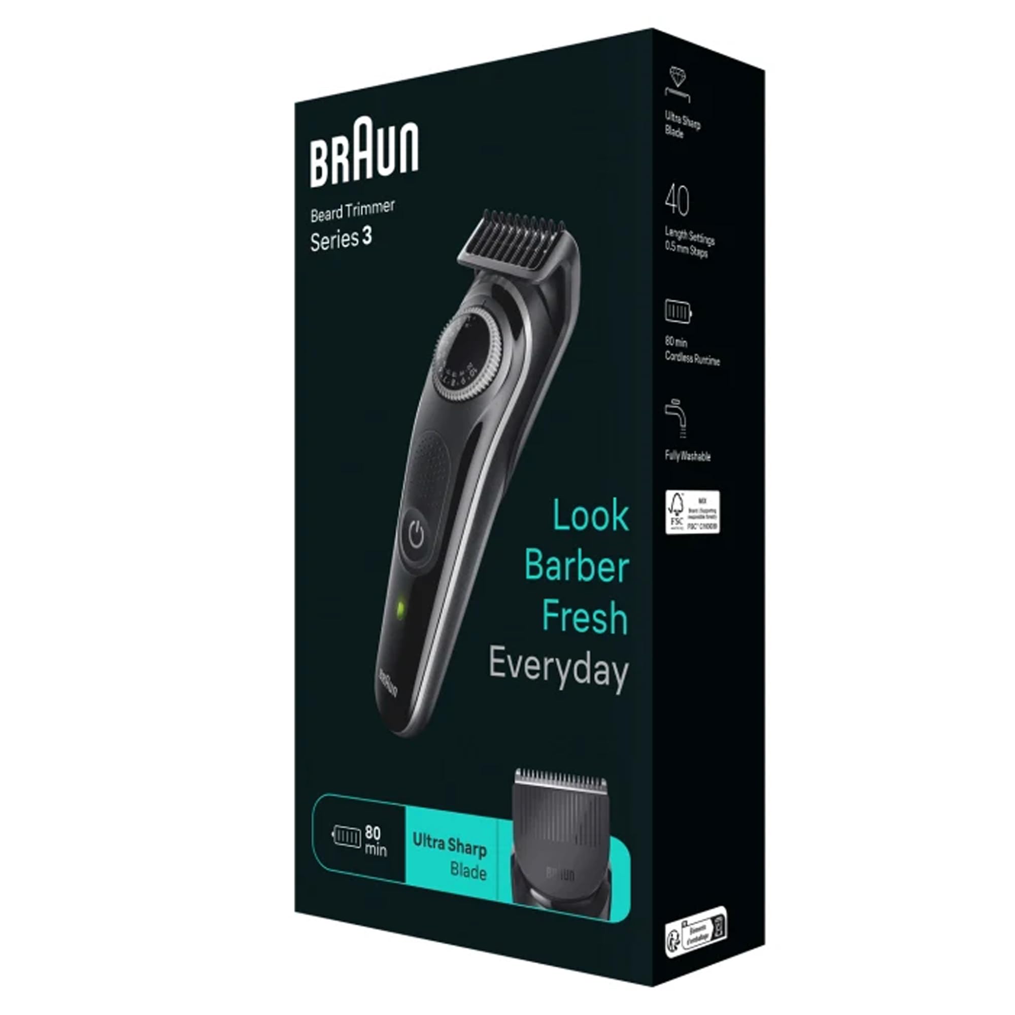 Braun BT3440 Beard Trimmer 3 With Precision Wheel, 4 Styling tools, 80 mins Runtime, Precise Styling at home, 40 length Settings - Black