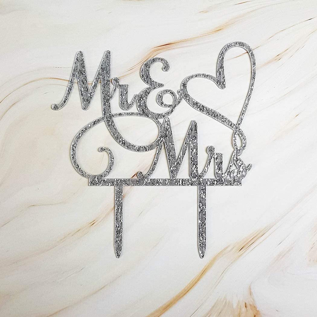 Aminery Mr and Mrs Cake Topper, Bride and Groom Sign Wedding / Engagement Cake Toppers Decoration, Silver Glitter Acrylic