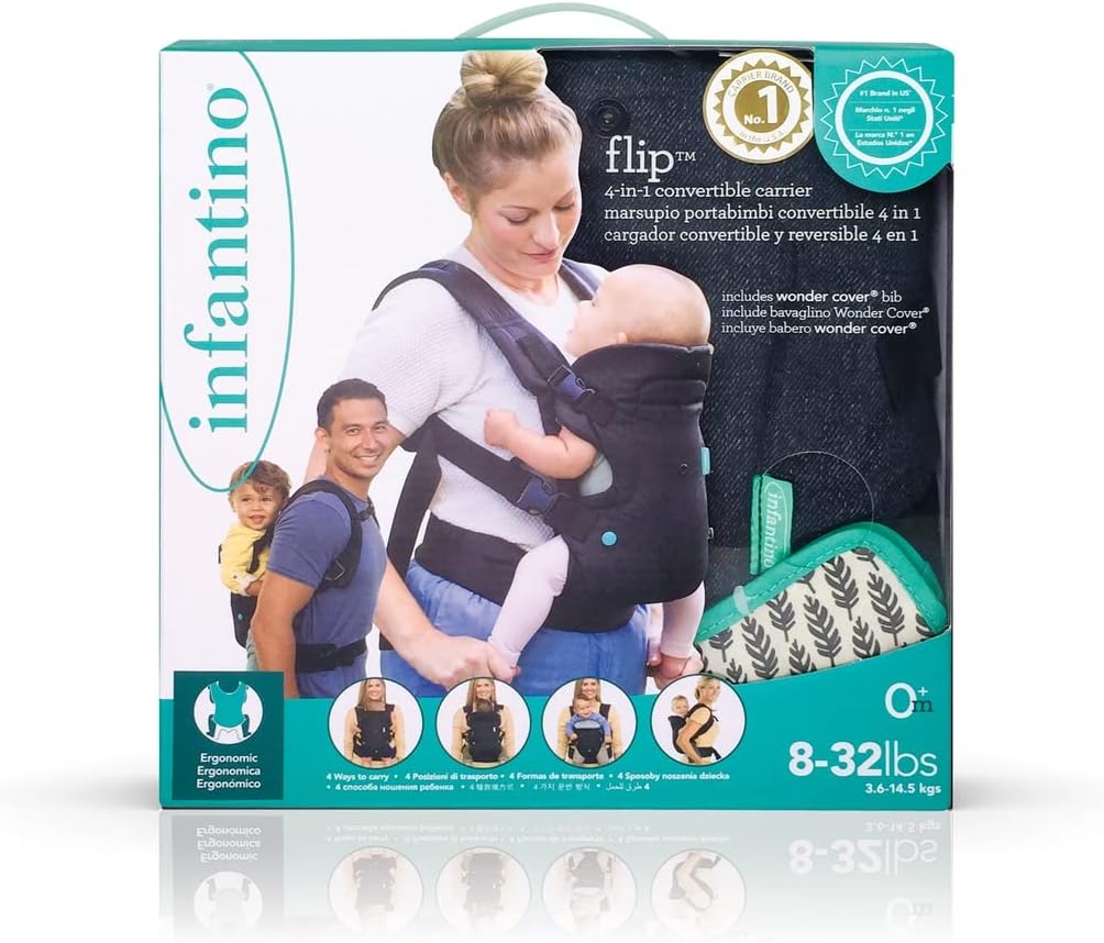 Infantino Flip Advanced 4-in-1 Grey Carrier - Ergonomic, convertible, face-in and face-out front and back carry for newborns and older babies 8-32 lbs / 3.6-14.5 kg