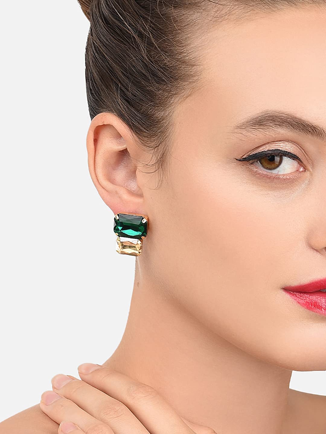 ZAVERI PEARLS Contemporary Style Metal Gold Plated Green Stud Earring For Women-Zpfk8418