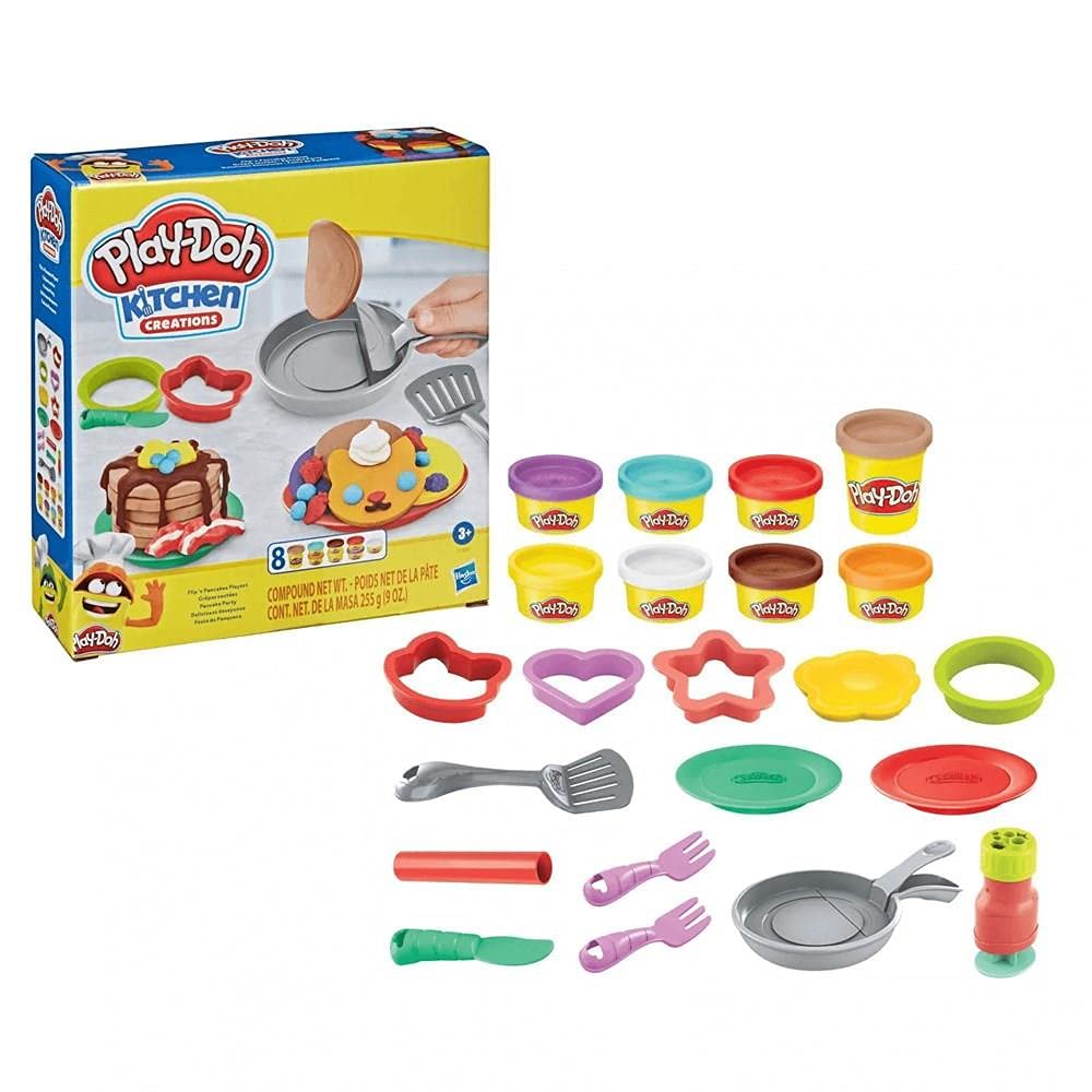 Play-Doh Kitchen Creations Flip 'N Pancakes Playset 14-Piece Breakfast Toy For Kids 3 Years And Up With 8 Non-Toxic Modeling Compound Colors