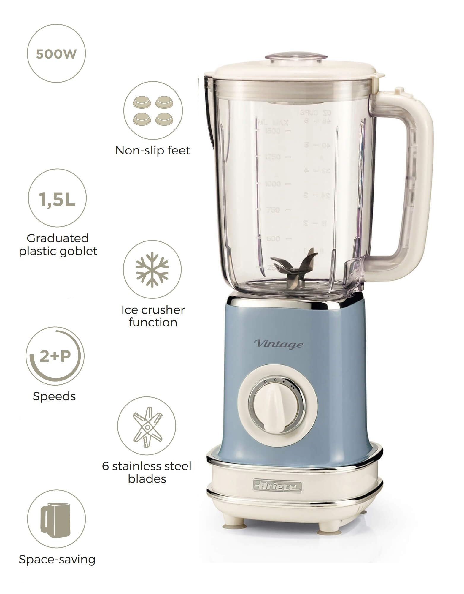 Ariete Vintage Blender 1.5L, 500W, 2 Speed Setting with Pulse and Ice Crusher Function, 6 Stainless Steel Blades Smoothie Maker, Ideal for Puree, Frozen Drinks, Milk Shakes - Green ART568BL