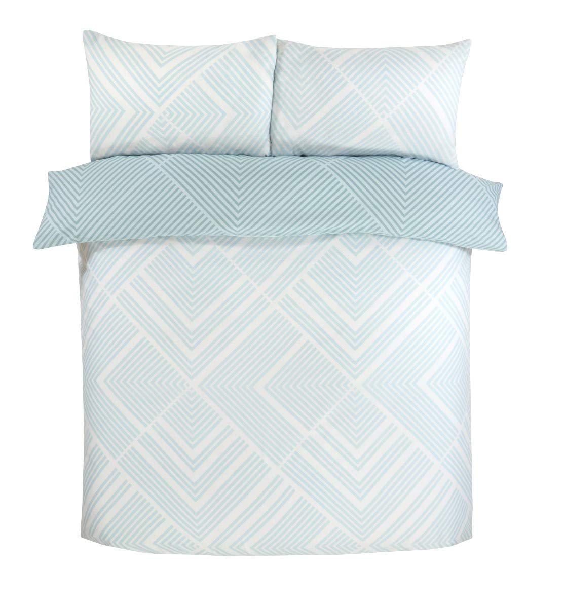 Sleepdown Striped Geometric Duck Egg Reversible Easy Care Duvet Cover Quilt Bedding Set with Pillowcases-Double (200cm x 200cm), Cotton Mix, Duckegg