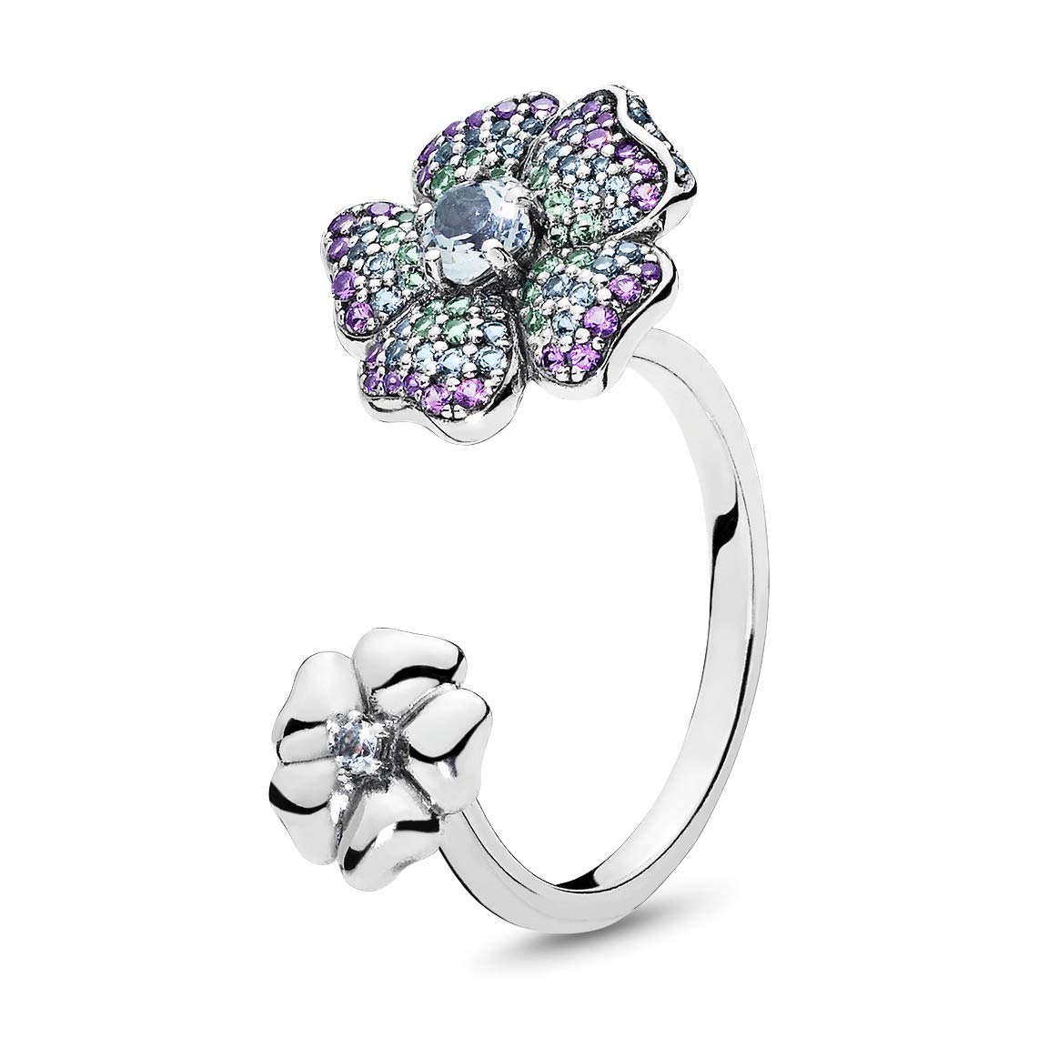 PANDORA Floral Silver Ring With Royal Purple Crystal Aqua Blue Crystal and Vivid Green Crystal