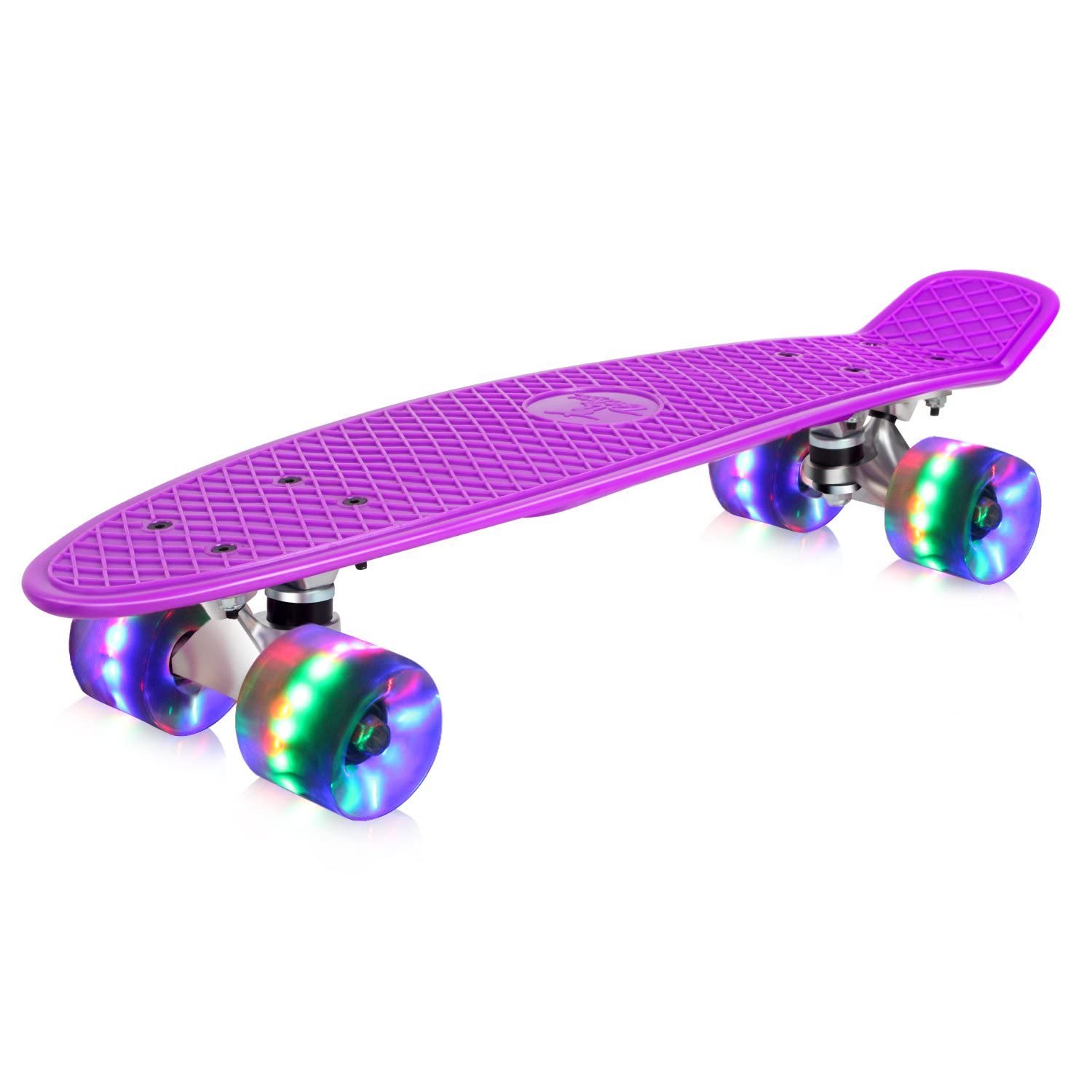 SportQ 22 Inch Full Mini Cruiser Retro Skateboard for Kids Teens Adults Flashing Wheels with Integrated T-Shaped Skateboard for Beginners