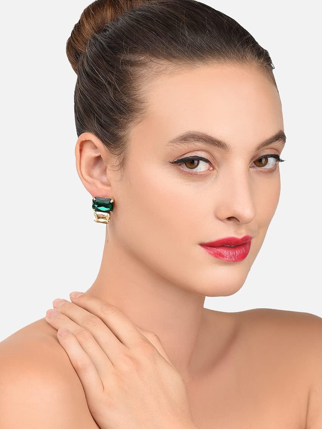 ZAVERI PEARLS Contemporary Style Metal Gold Plated Green Stud Earring For Women-Zpfk8418