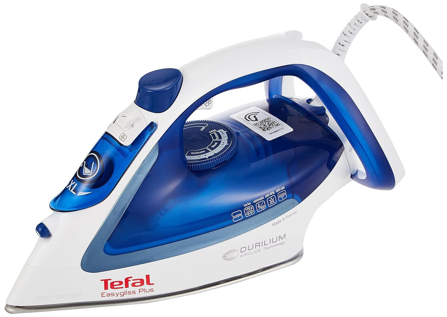 Tefal Easygliss Durilium Airglide Soleplate Steam Iron, 2400 Watts, Blue/White, FV5715M0