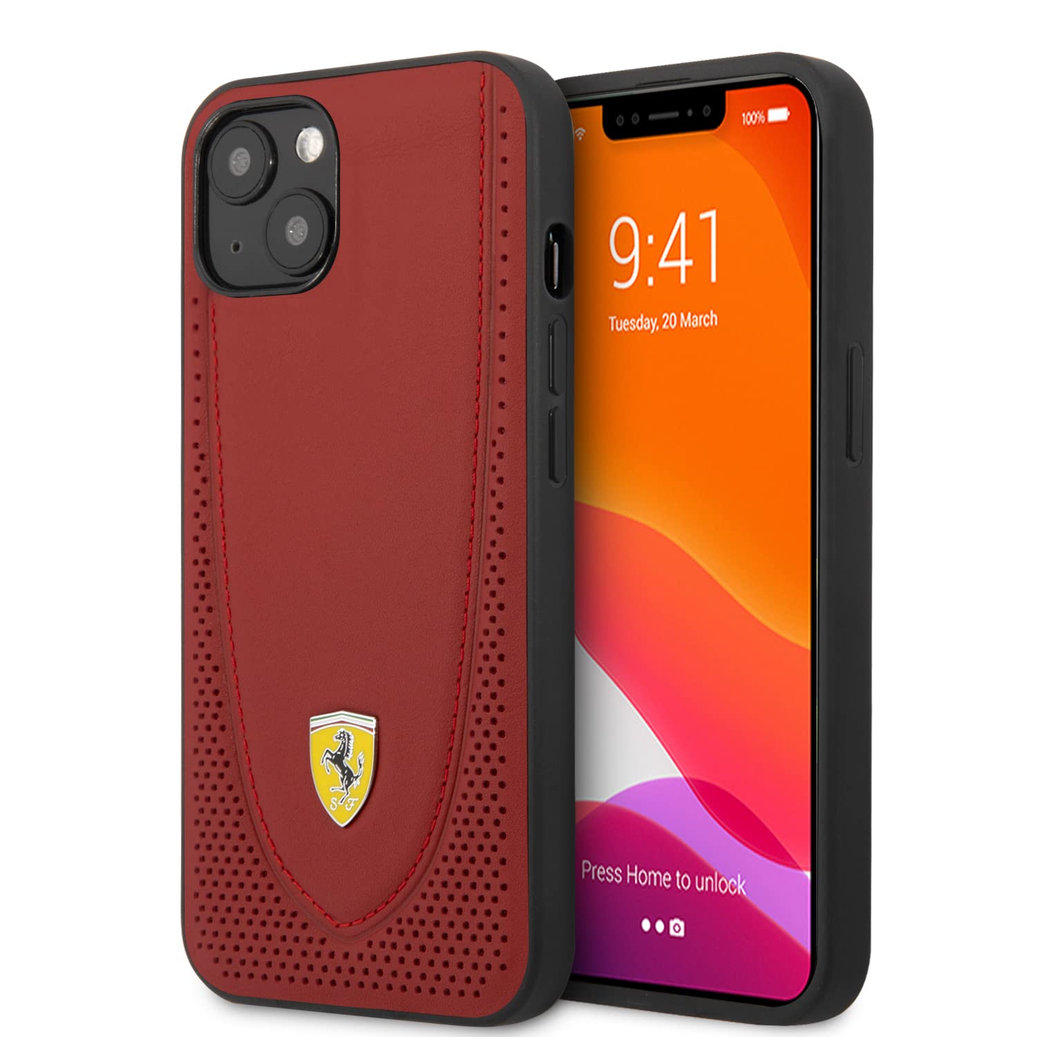 Ferrari FEHCP13MRGOR Genuine Leather Hard Case With Curved Line Stitched And Perforated Leather For Iphone 13 - 6.1 Inch - Red