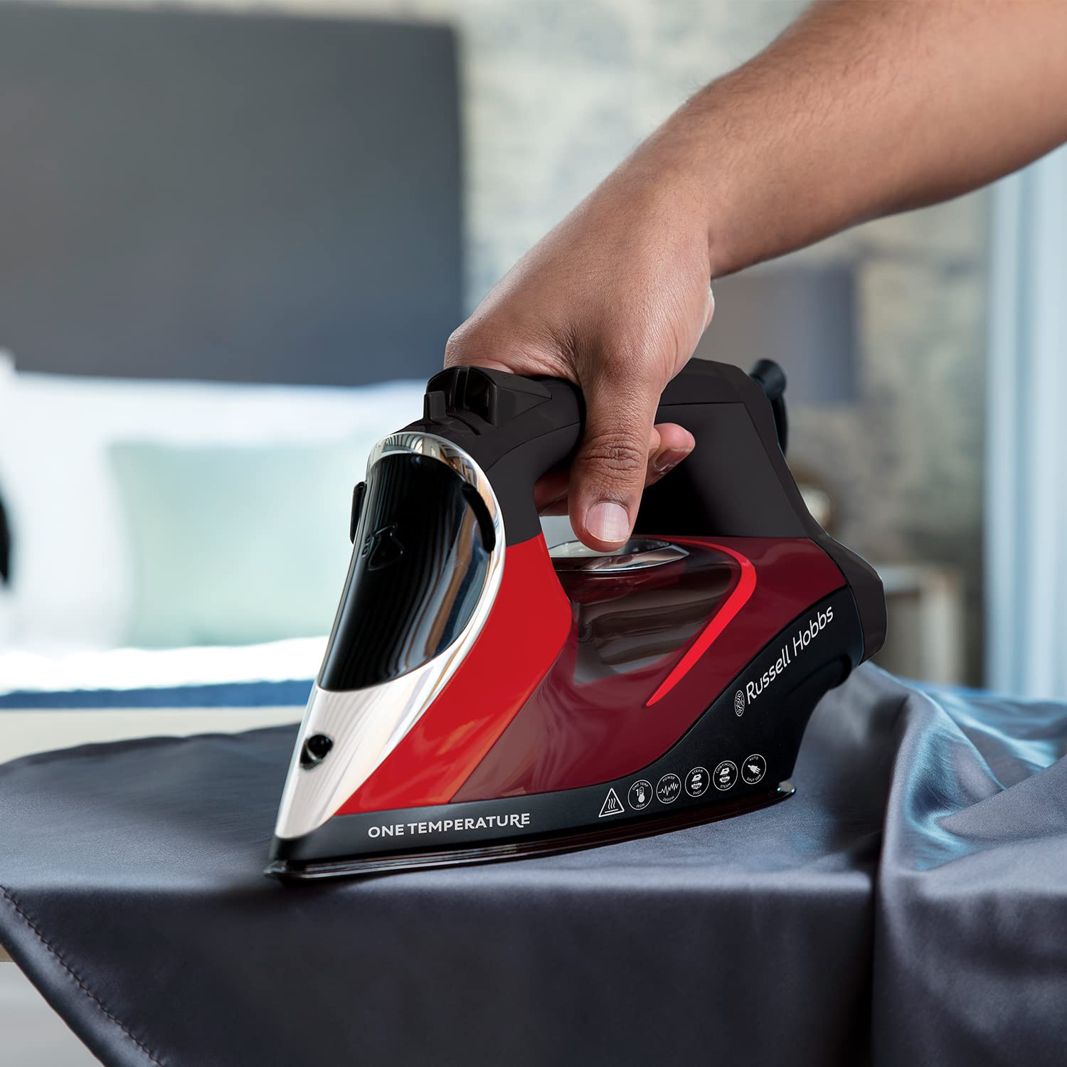 Russell Hobbs 2600W One Temperature Steam Iron, 350ml Capacity, Safe for all Fabrics Ironing & 50 g Steaming Including Abaya, Non-Stick Soleplate, Three-Way Safety Auto Shut off – 25090 (Black & Red)