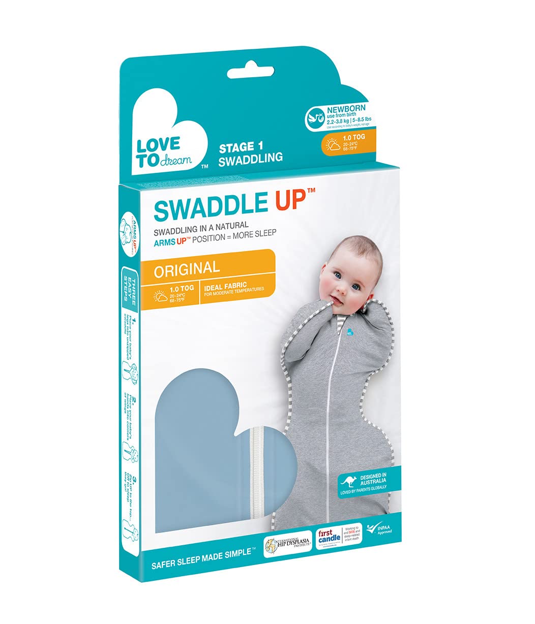 Love To Dream Swaddle Blanket. Newborn Essentials For 0 - 6 Months Baby Girls And Boys. 1.0 TOG Baby Sleeping Bag With Arms, Provides Comfortable And Quiet Sleep. Cotton Fabric (Dusty Blue, NB)