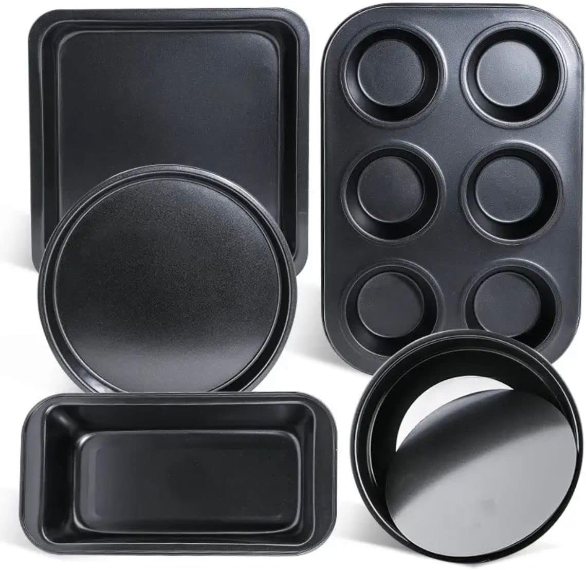 5 Piece Non-Stick Carbon Steel Oven Baking Tray Set Baking Loaf Baking Tray with Pizza Cake Pie Tray - Black