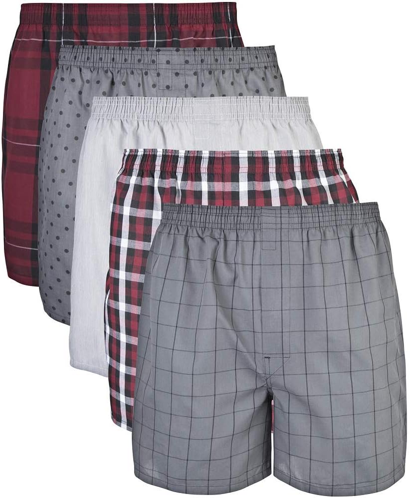 Gildan Men's Woven Boxer Underwear Multipack (Pattern May Vary)(Assorted) Size: XL Color: Mixed Red/Grey (5-pack)