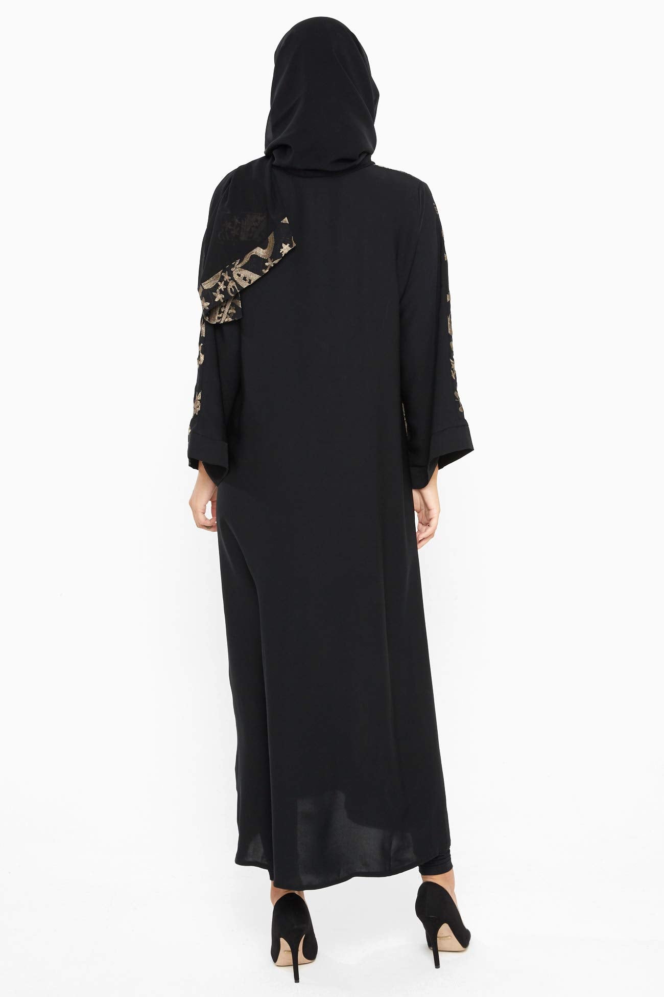 Nukhbaa Womens Abaya Made With Fine Fabric, Comes With Matching Hijab AJ365A, Black/Gold, S