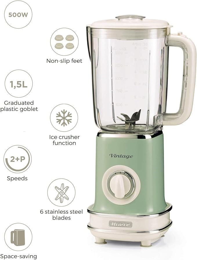 Ariete Vintage Blender 1.5L, 500W, 2 Speed Setting with Pulse and Ice Crusher Function, 6 Stainless Steel Blades Smoothie Maker, Ideal for Puree, Frozen Drinks, Milk Shakes - Green ART568BL