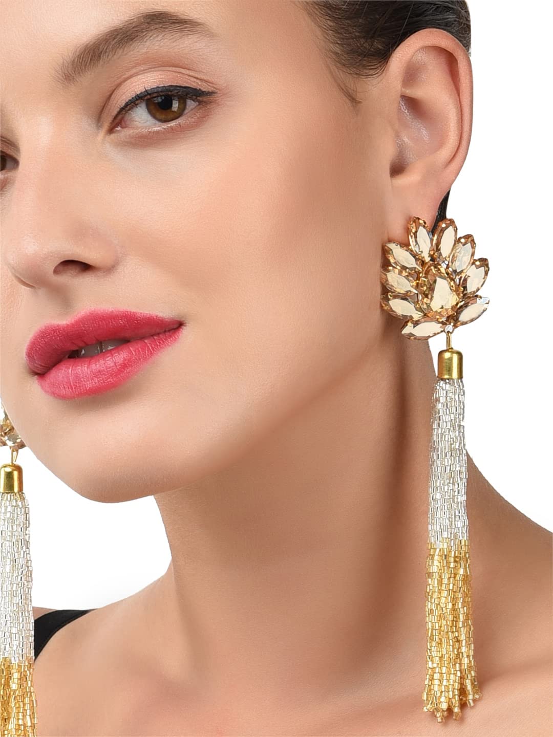 ZAVERI PEARLS Sparkling Crystals 22K Metal Gold Plated Fashion Forward Tassel Earring For Women-Zpfk7531
