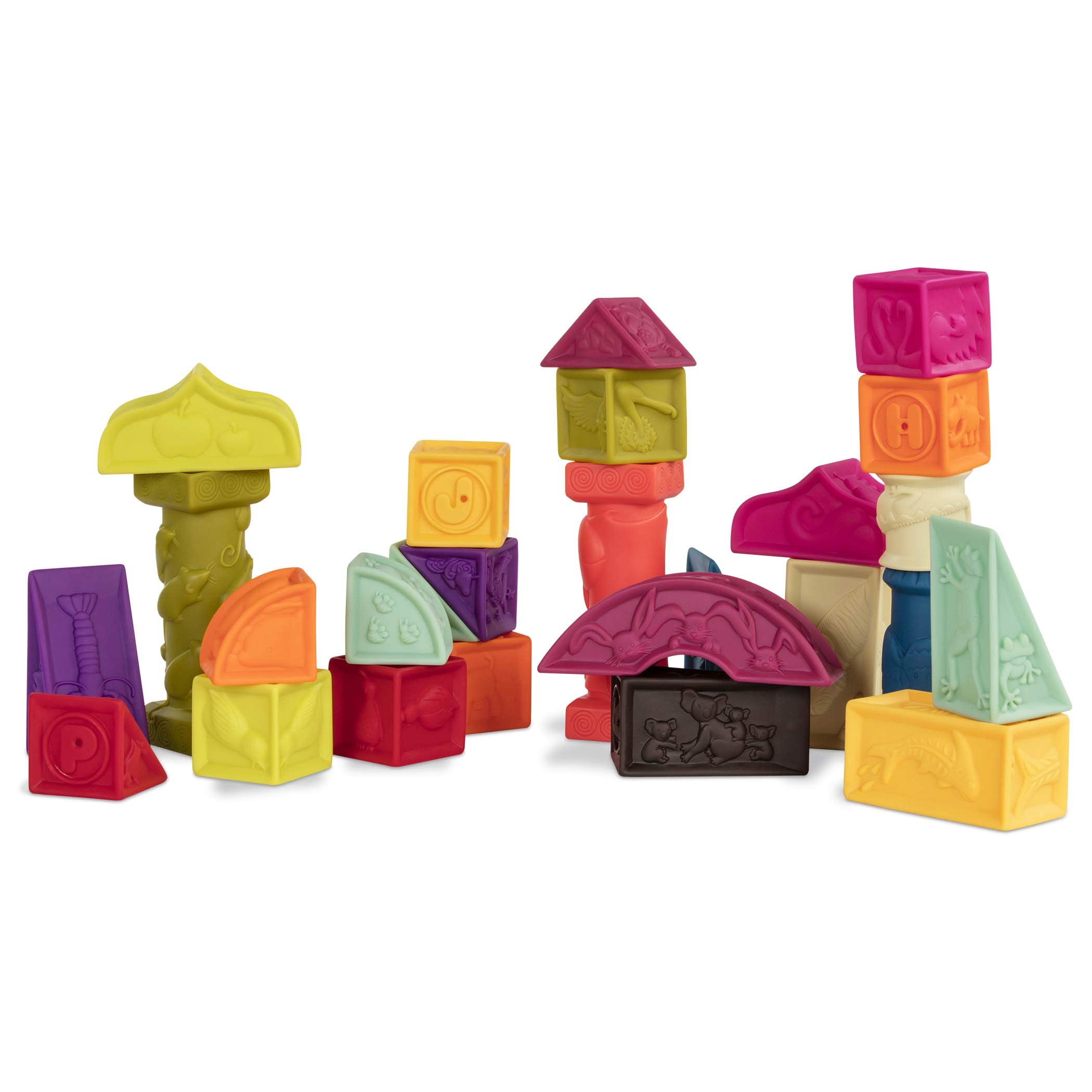 B. toys - elemenosqueeze baby blocks - 26 stacking blocks with shapes numbers, animals & textures - bpa free soft blocks for babies 6m+ (26-pcs)