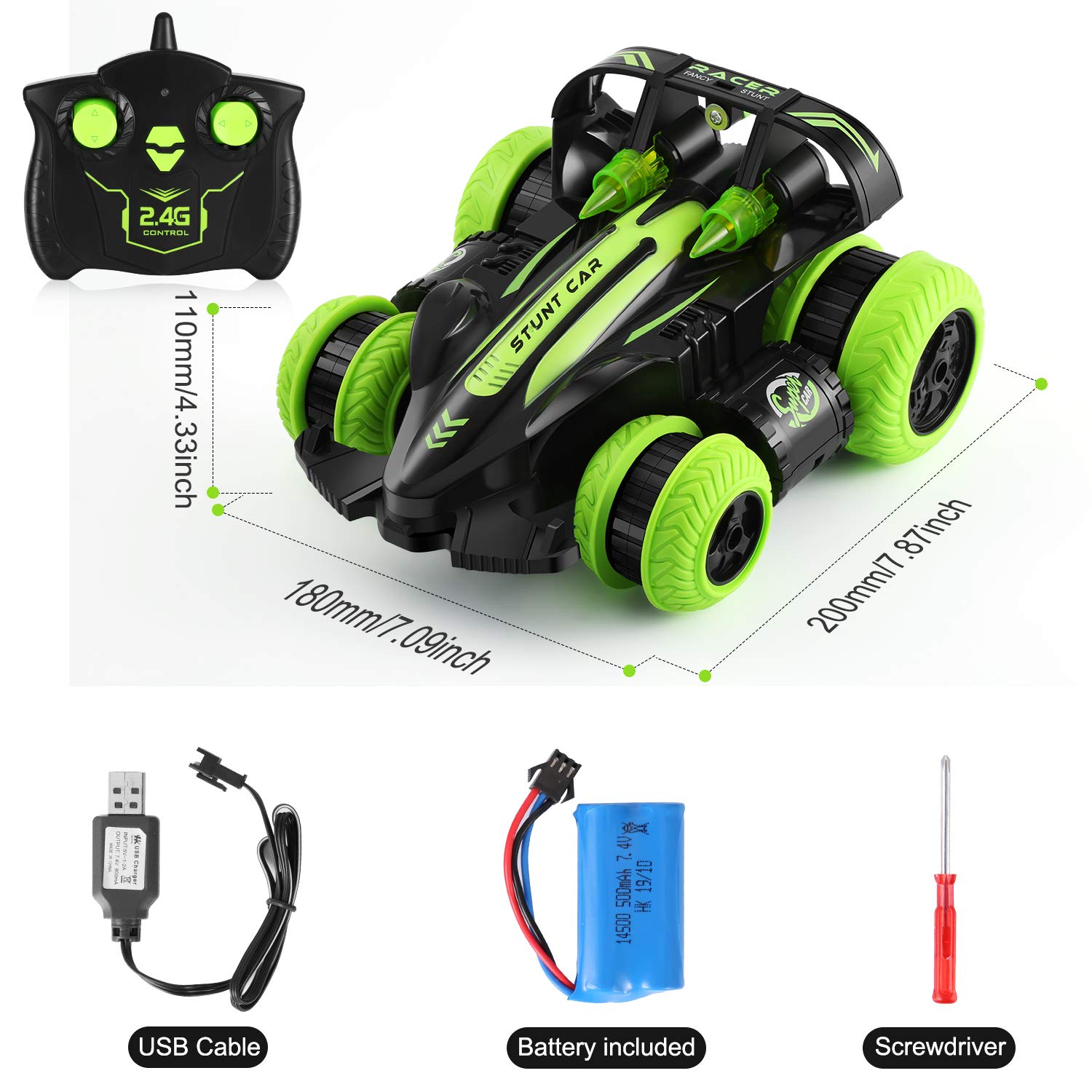 Remote Control Car, NICEAO RC Stunt Toys Car, 2.4 Ghz 360° Rotating Side Wheel Drift High Speed Racing with Rechargeable Batteries, Gift for Boys Girls Kids -【Green】