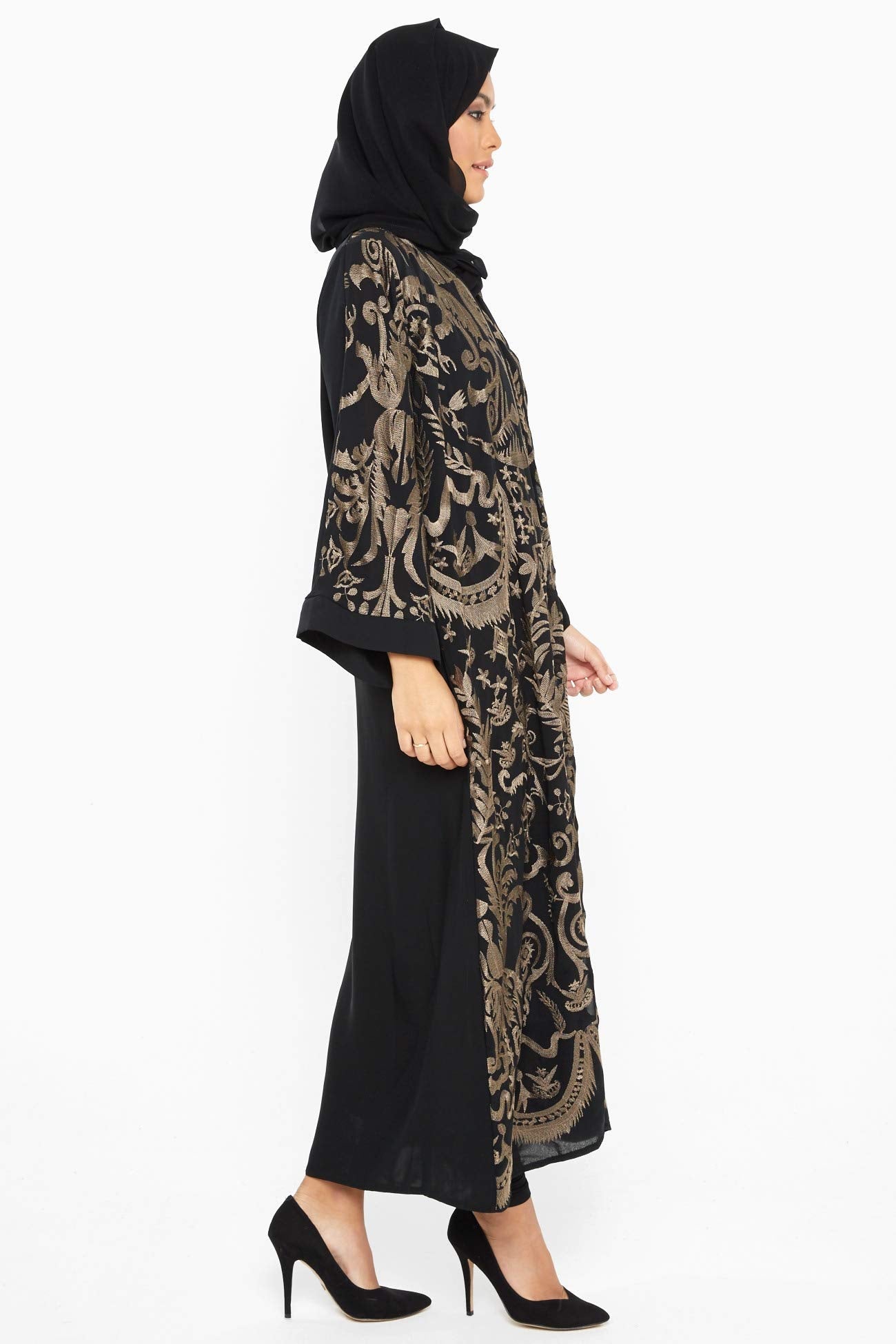 Nukhbaa Womens Abaya Made With Fine Fabric, Comes With Matching Hijab AJ365A, Black/Gold, S