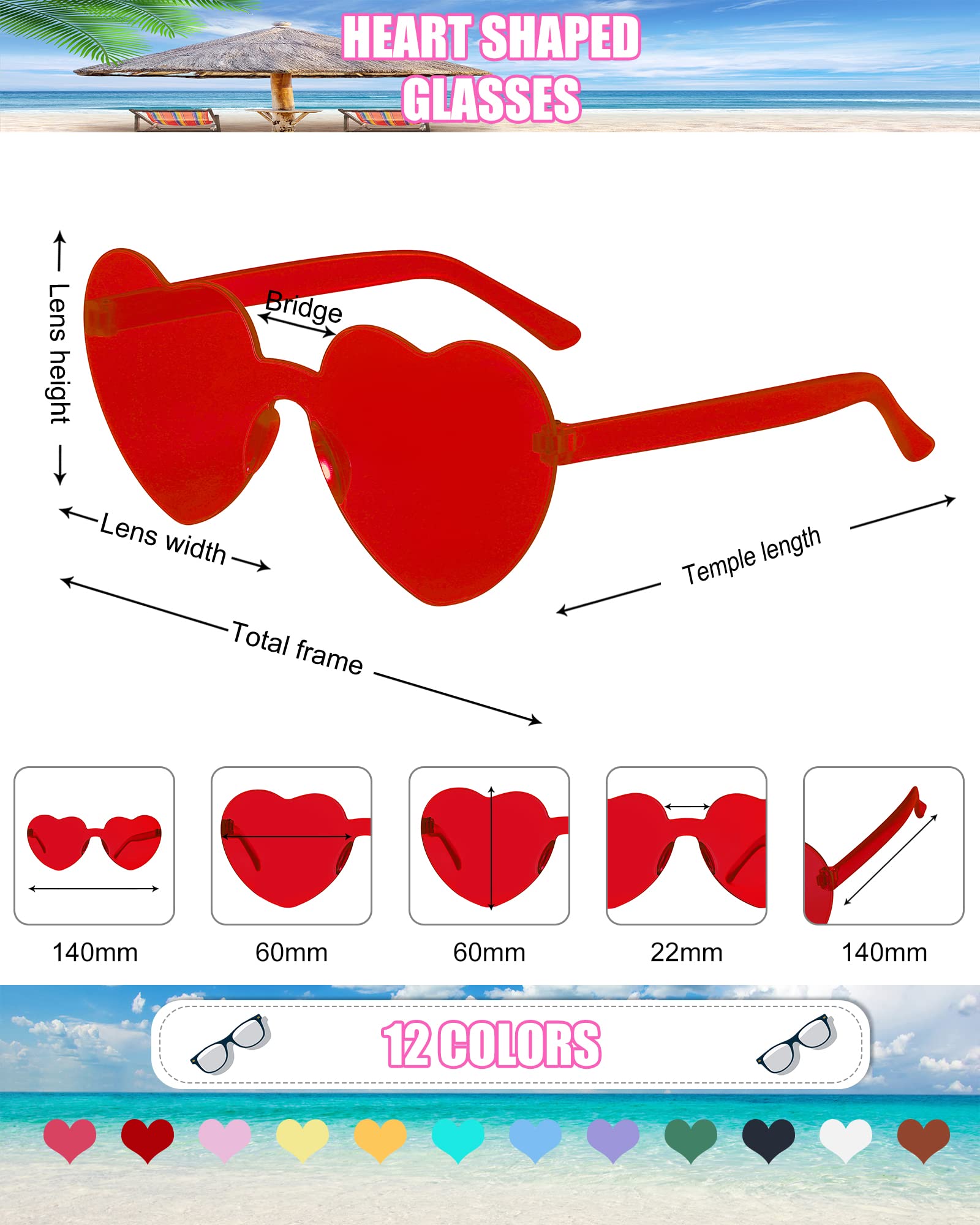 Dllween 8/12 Pairs Heart Sunglasses for Women, Trendy Rimless Transparent Candy Color Heart Glasses for Party Favor