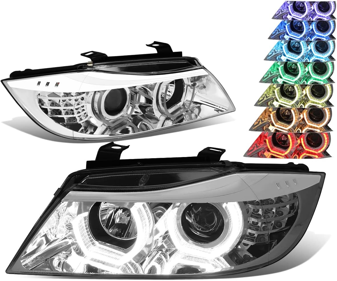 DNA MOTORING HL-3D-E9005-CH-7C Chrome Housing Crystal LED U-Halo APP Control Color Changing Headlights [Compatible with 06-08 323I / 05-08 325I / 06 325XI / 07-08 328I XI /06 330I XI / 07-08 335XI]