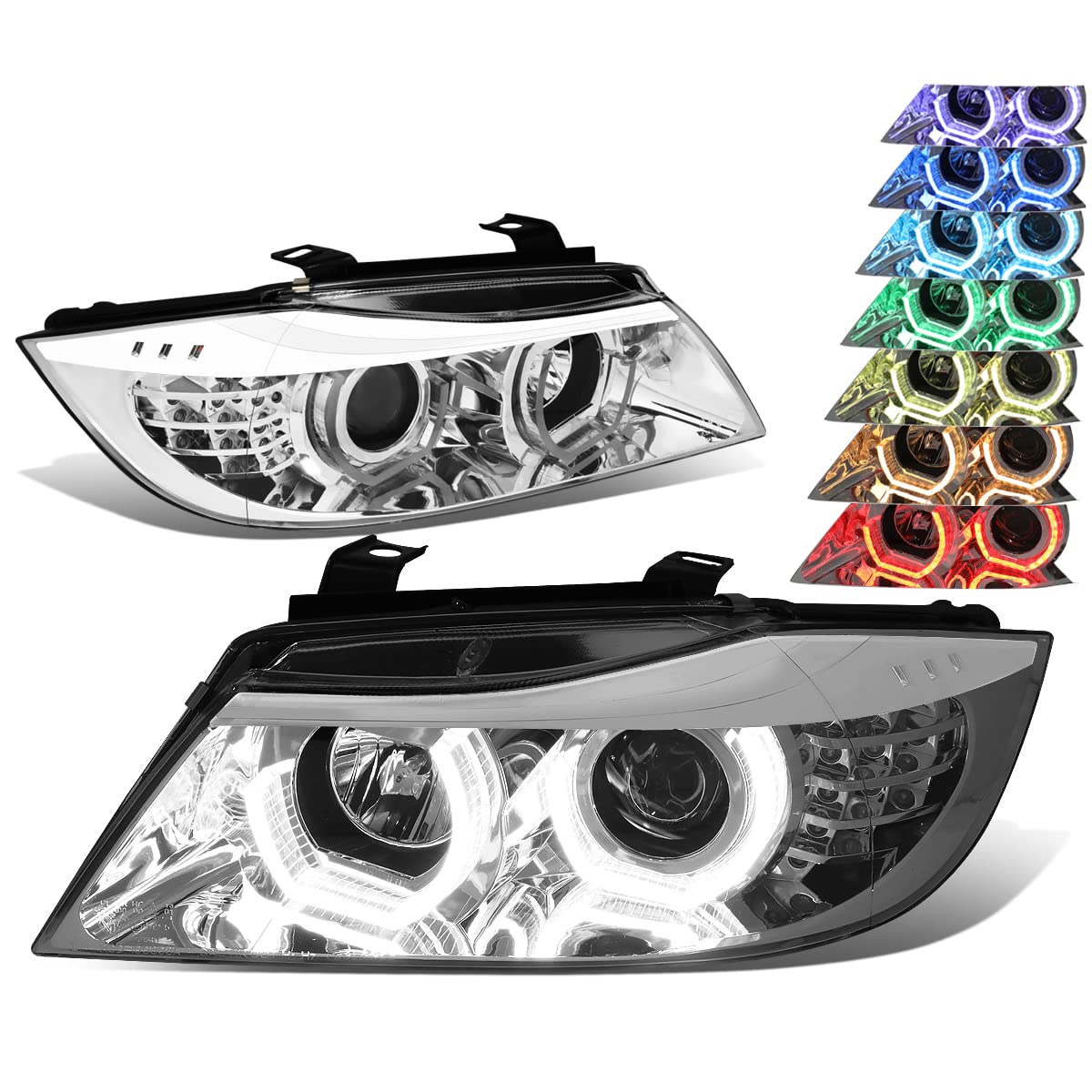 DNA MOTORING HL-3D-E9005-CH-7C Chrome Housing Crystal LED U-Halo APP Control Color Changing Headlights [Compatible with 06-08 323I / 05-08 325I / 06 325XI / 07-08 328I XI /06 330I XI / 07-08 335XI]