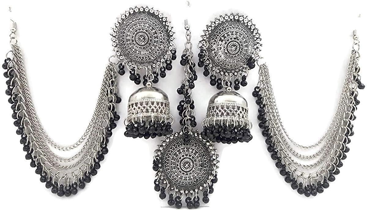 Shining Diva Fashion Latest Oxidised German Silver Antique Design Stylish Traditional Maang Tikka Jhumka Earrings Jewellery Set for Women