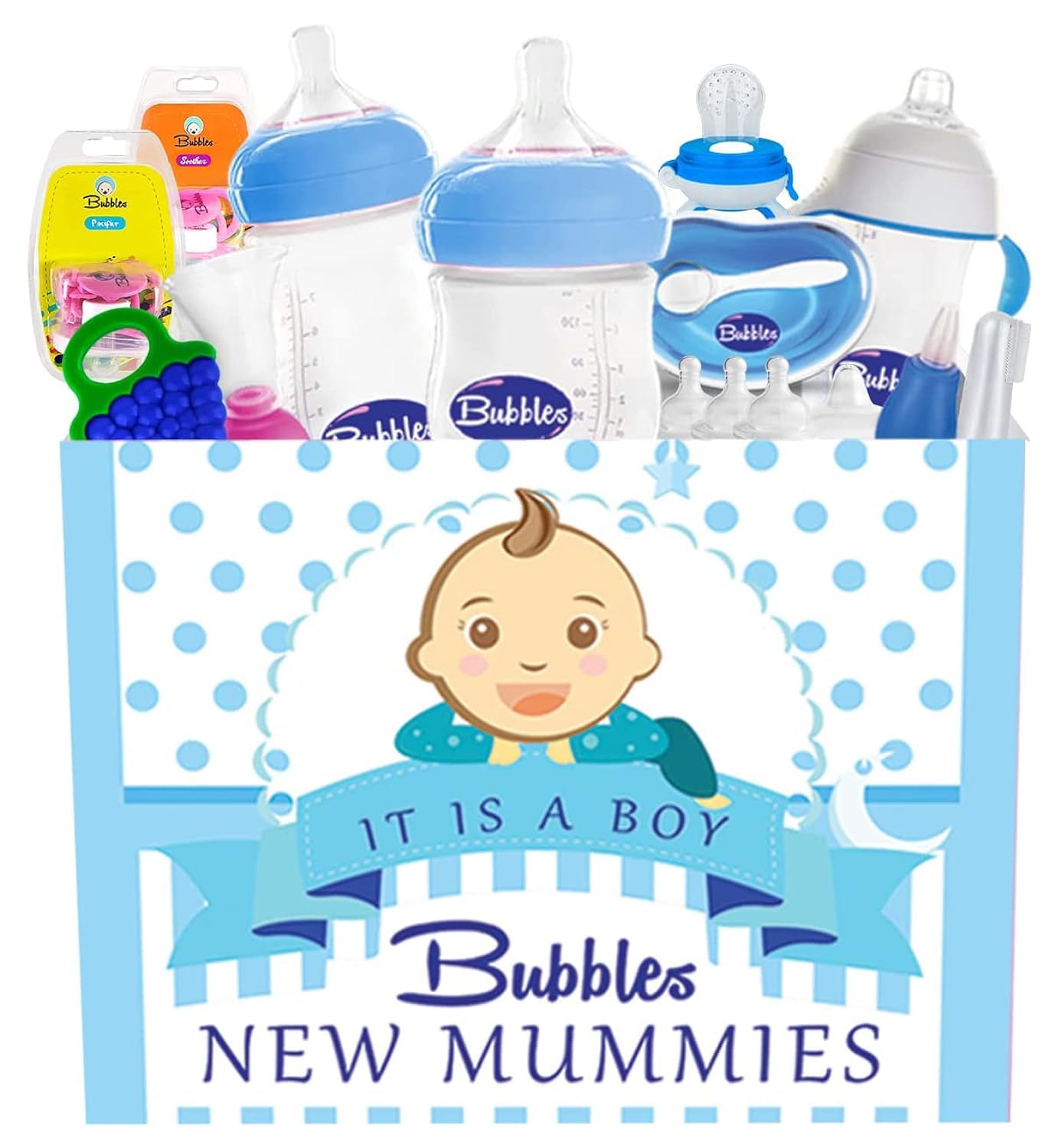 Bubbles new mummie natural box large for boys blue 15 items(multiple colors)