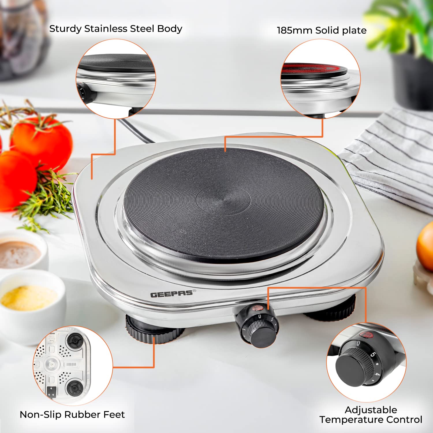 Geepas Stainless Steel Single Hot Plate, Indicator Light, GHP32023 1500W, Adjustable Temperature Control, Overheat Protection,2 Years Warranty, Silver