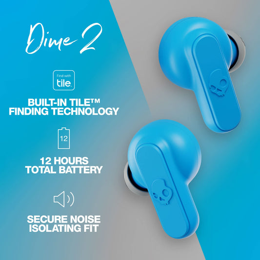 Skullcandy Dime 2 True Wireless Earbuds With Tile Finding Technology, 12 Hours Total Battery, IPX4 Sweat and Water Resistant, Secure Noise Isolating Fit, Light Grey/Blue