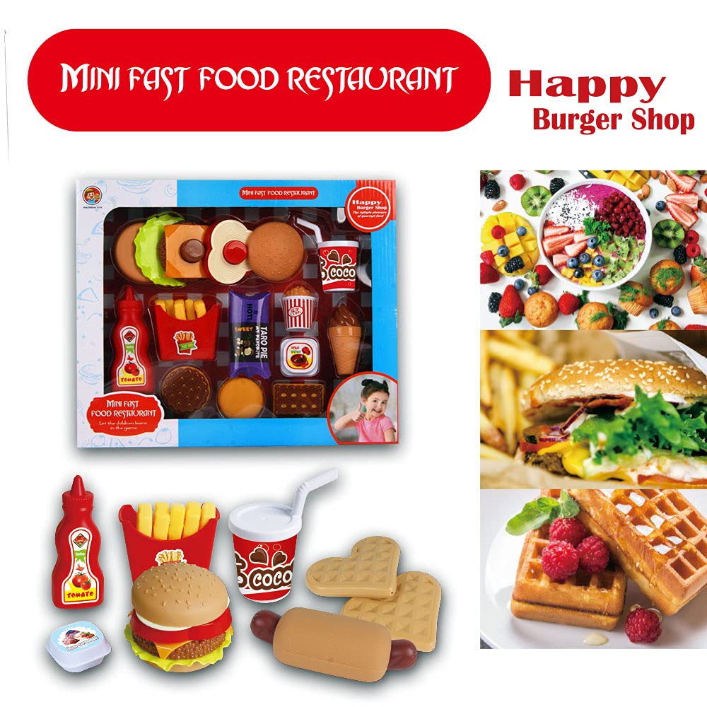 Kidwala FITTO Fast Food pretend play set burger toys for kids, fries, chicken, ice cream, salad, cheese, vegetables, popcorn, cookies, apple pie, and drink fast food playset educational toys for girls