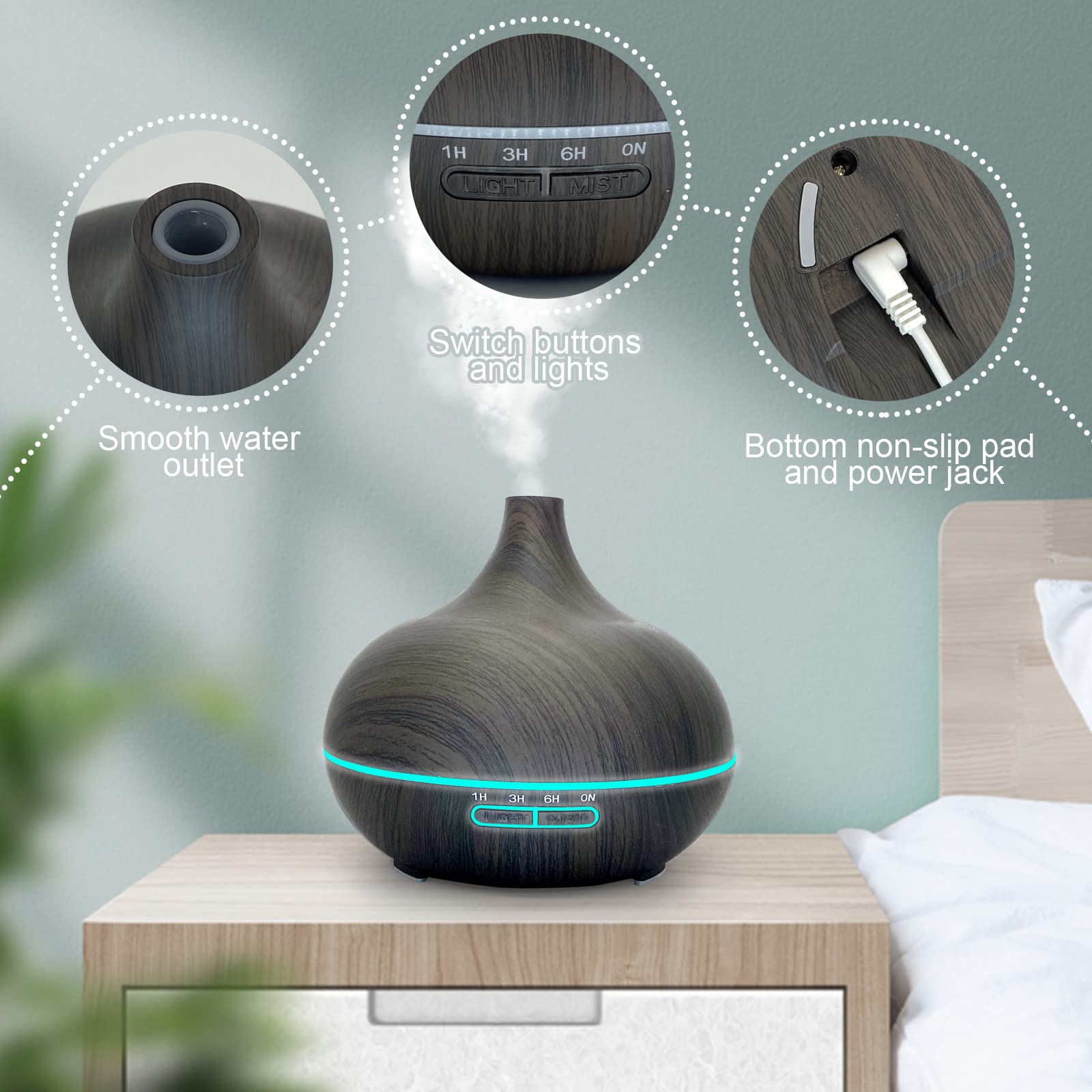 SKY-TOUCH Essential Oil Diffuser, 550ml Oil Diffuser with 4 Timer, Aromatherapy Diffuser with Auto Shut-off Function, Cool Mist Humidifier BPA-Free for Bedroom Home (Dark Brown)