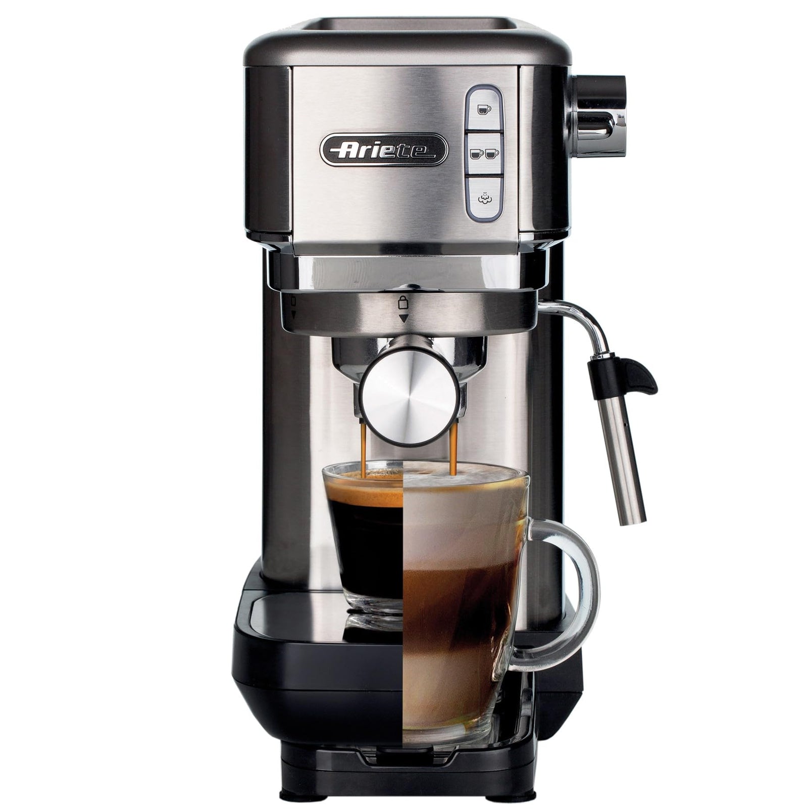 Ariete Pump Espresso Coffee Maker Machine with Milk Frother, 1300W, Stainless Steel, ESE Pod and Ground Coffee Compatible, 15 Bar Pressure, Auto shut-off, Ideal for Home and Office - ART1380