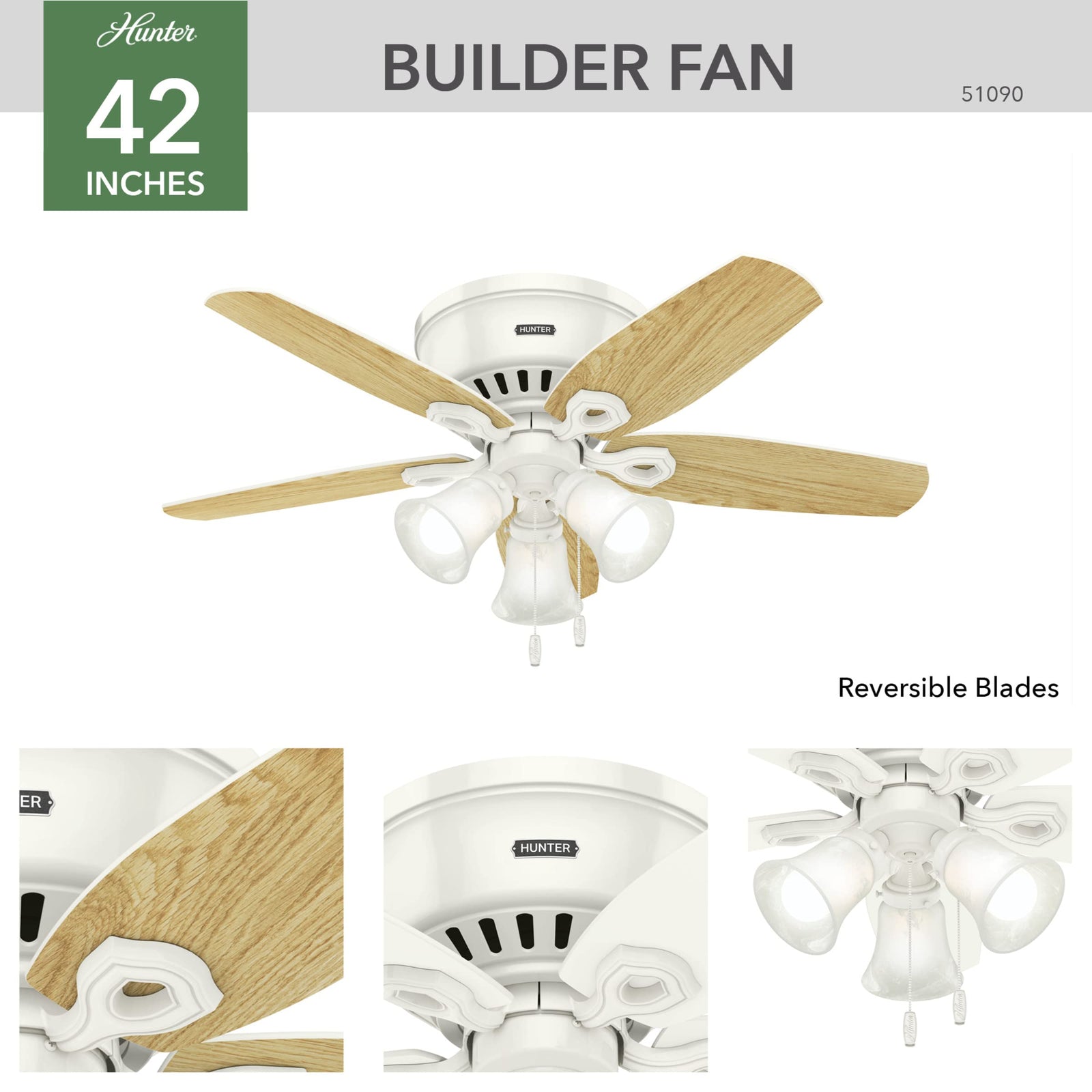 Hunter Fan Company, 51090, 42 inch Builder Snow White Low Profile Ceiling Fan with LED Light Kit and Pull Chain