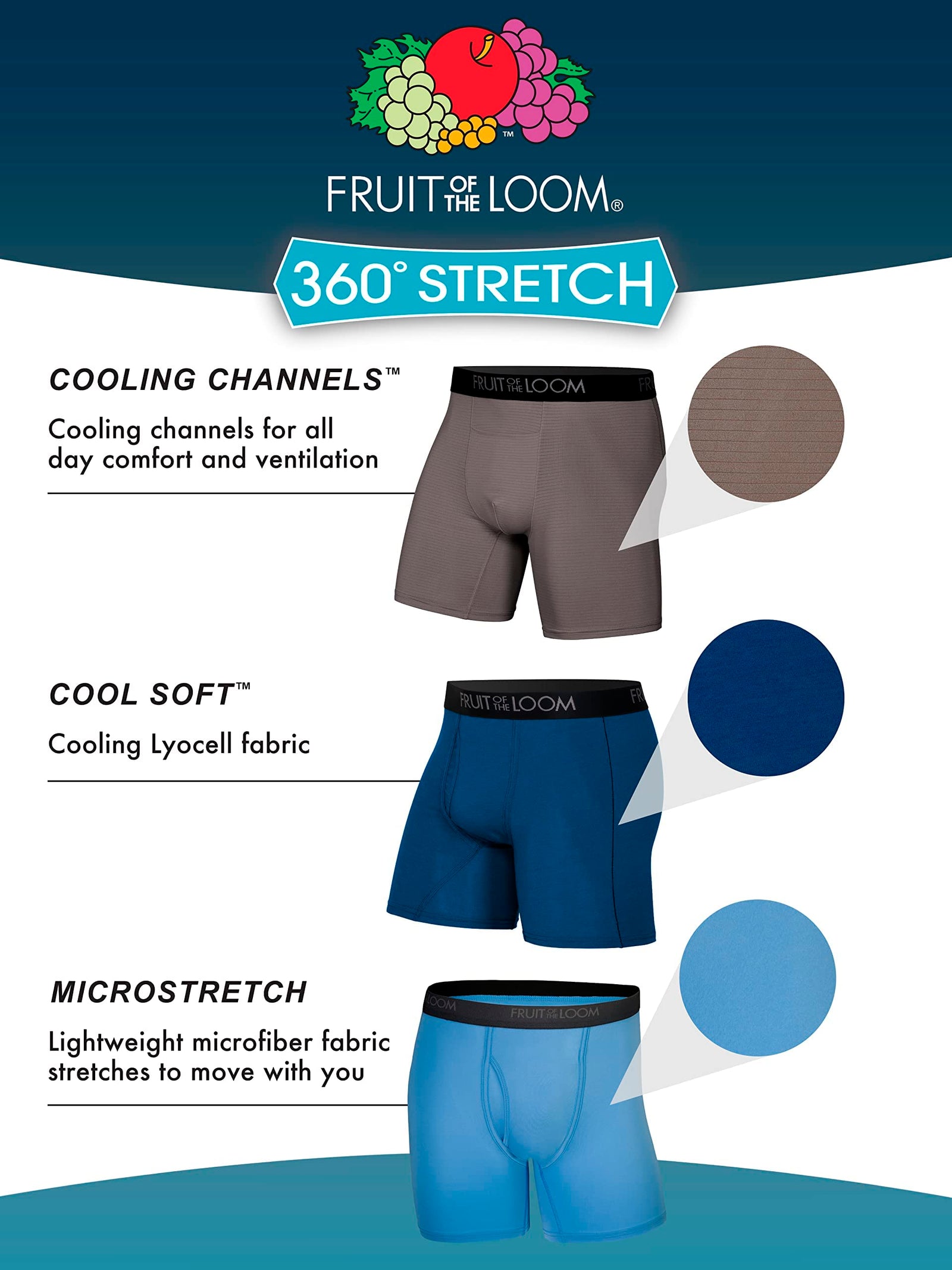 Fruit of the Loom Men's 360 Stretch Boxer Briefs (Quick Dry & Moisture Wicking)