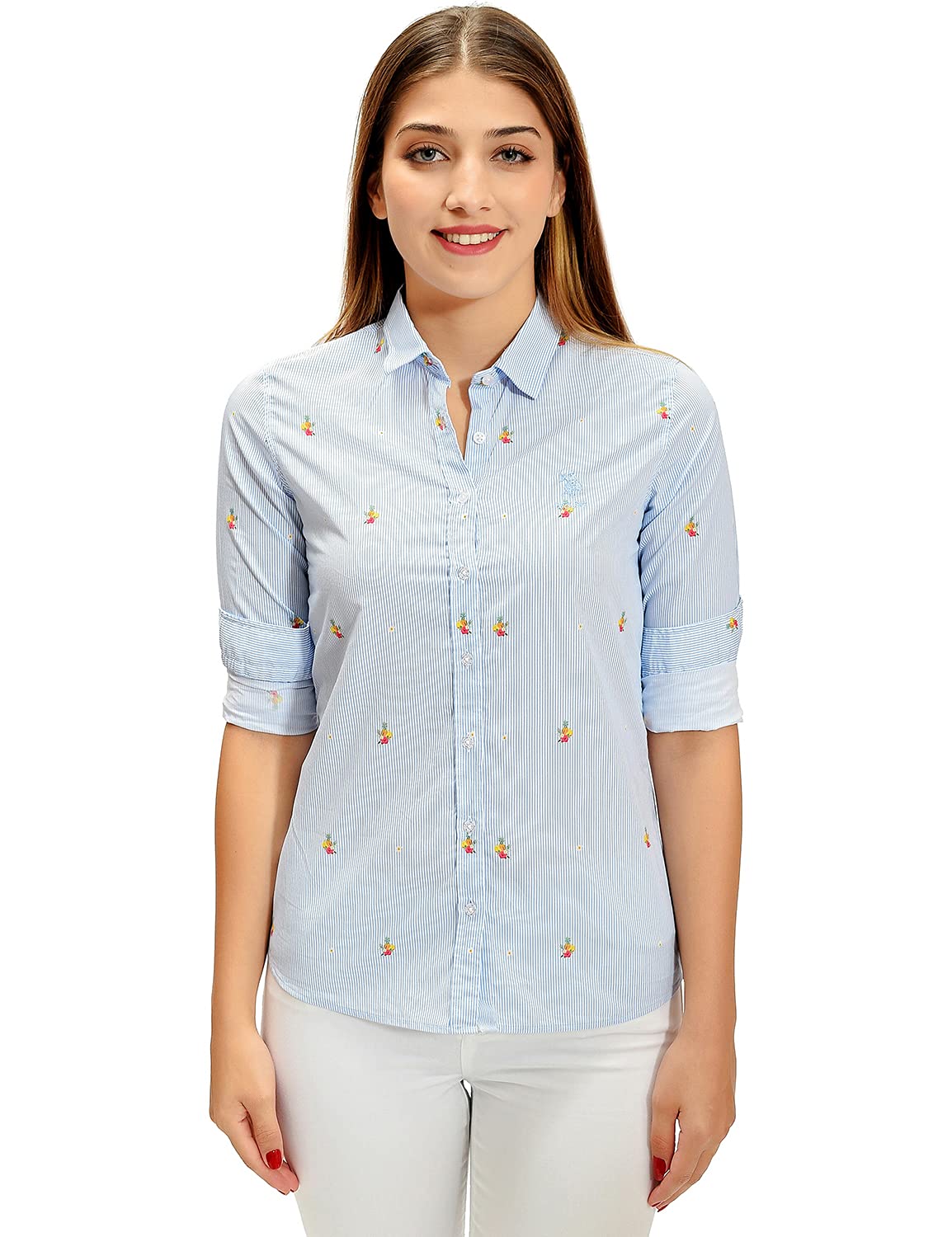 U.S. Polo Assn. Embroidered Logo Floral-Pattern Long Sleeves Slim-Fit Striped Shirt For Women, BLUE, 38