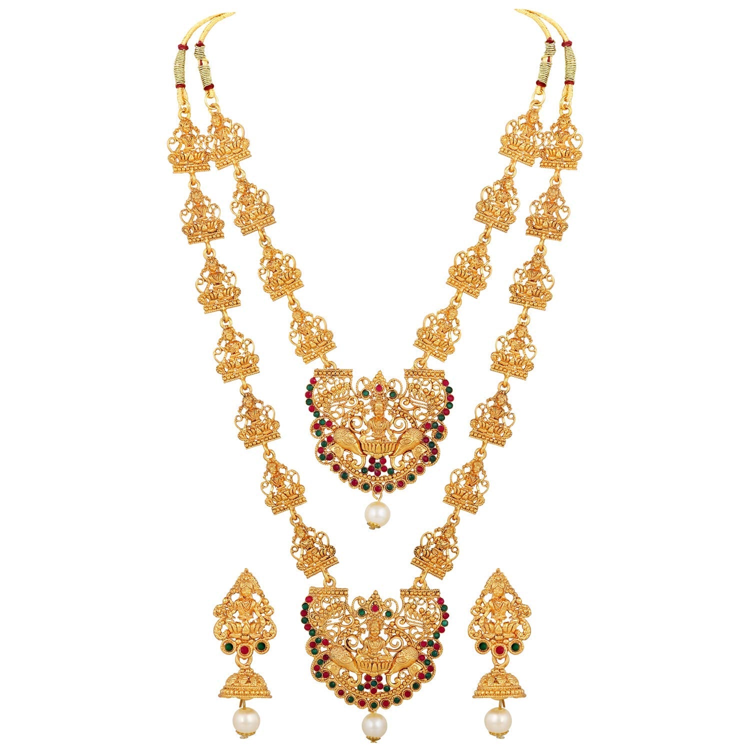 Shining Diva Fashion 18k Gold Plated Latest Long Short Combo Traditional Temple Necklace Jewellery Set for Women