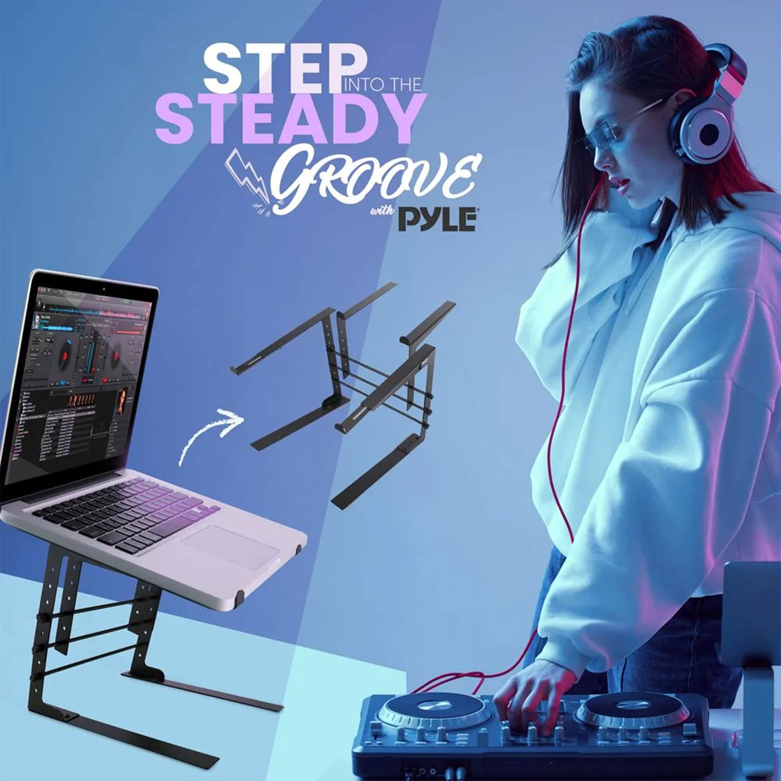 Pyle Portable Dual Laptop Stand - Standing Table with Adjustable Height, Ergonomic Design & Anti-Slip Prongs for DJ Mixer, Sound Equipment, Workstation, Gaming Home Use PLPTS38, Black