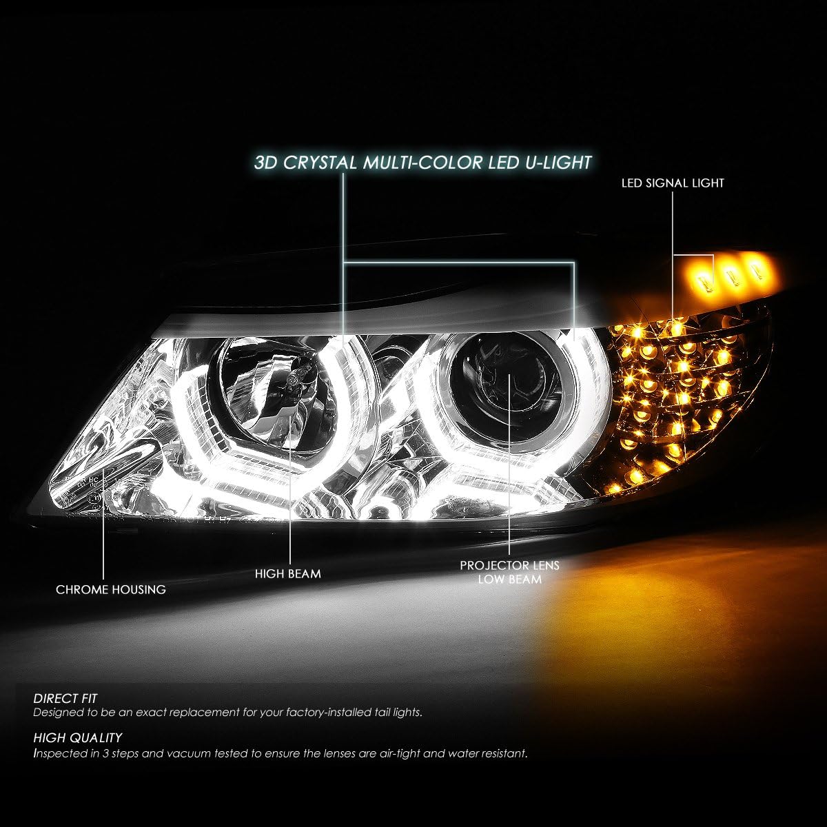 DNA MOTORING HL-3D-E9005-CH-7C Chrome Housing Crystal LED U-Halo APP Control Color Changing Headlights [Compatible with 06-08 323I / 05-08 325I / 06 325XI / 07-08 328I XI /06 330I XI / 07-08 335XI]