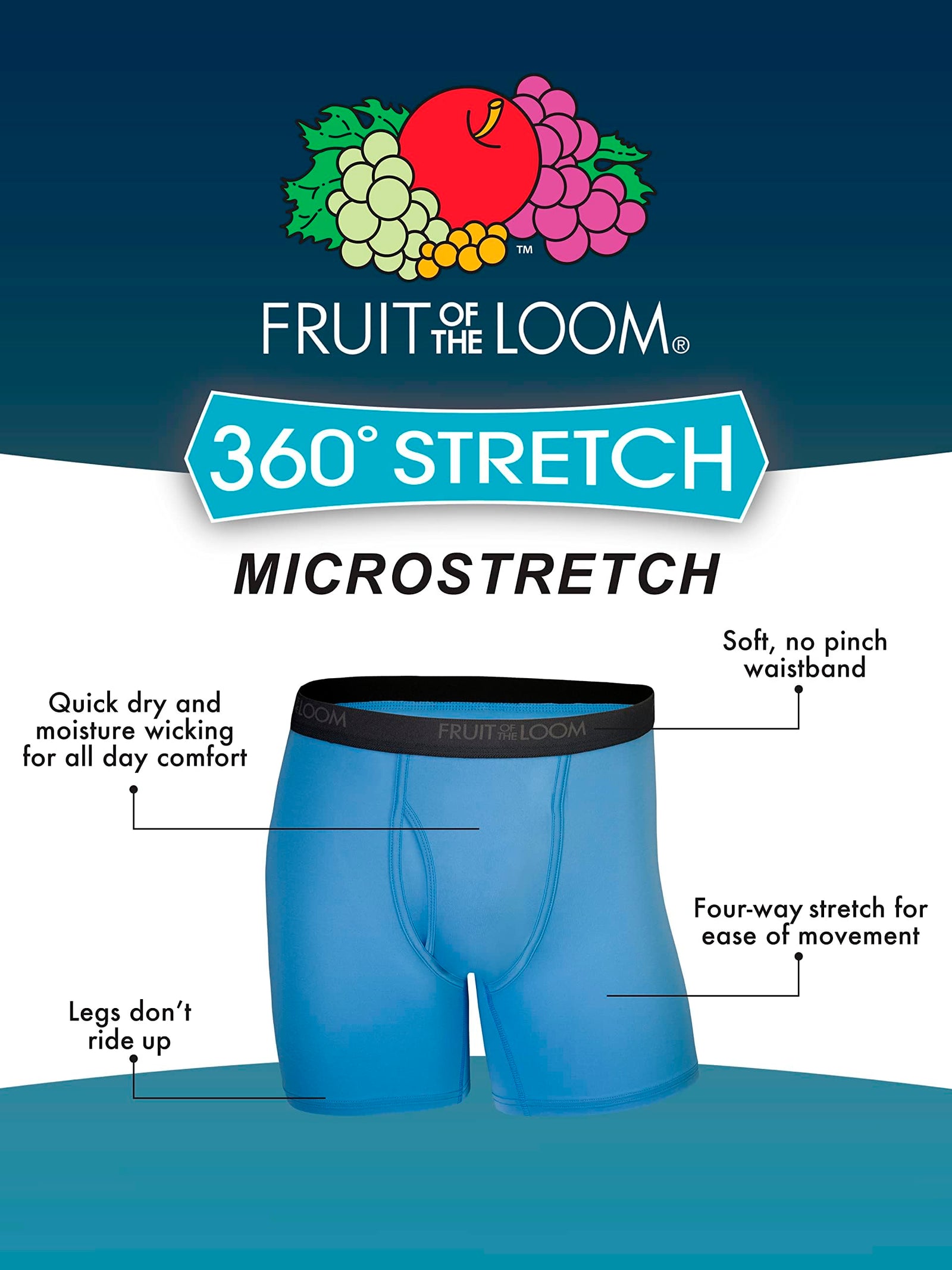 Fruit of the Loom Men's 360 Stretch Boxer Briefs (Quick Dry & Moisture Wicking)