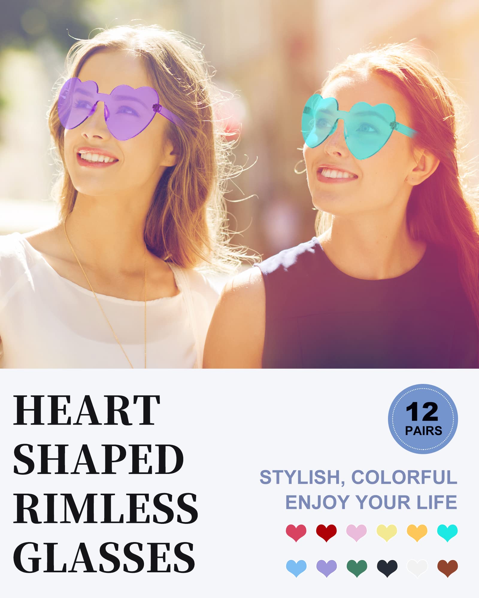 Dllween 8/12 Pairs Heart Sunglasses for Women, Trendy Rimless Transparent Candy Color Heart Glasses for Party Favor