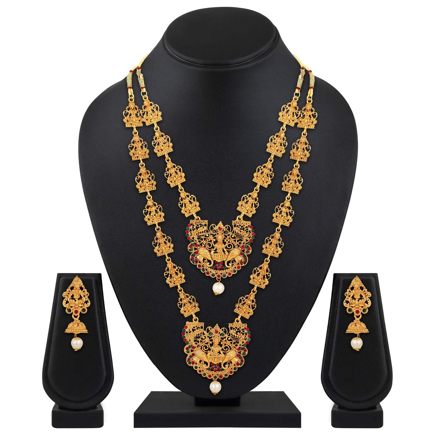 Shining Diva Fashion 18k Gold Plated Latest Long Short Combo Traditional Temple Necklace Jewellery Set for Women