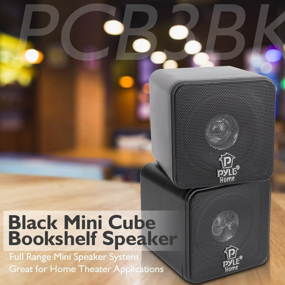 Pyle Home 4” Mini Cube Bookshelf Speakers-Paper Cone Driver, 200 Watt Power, 8 Ohm Impedance, Video Shielding, Home Theater Application and Audio Stereo Surround Sound System - 1 Pair -PCB4BK (Black)