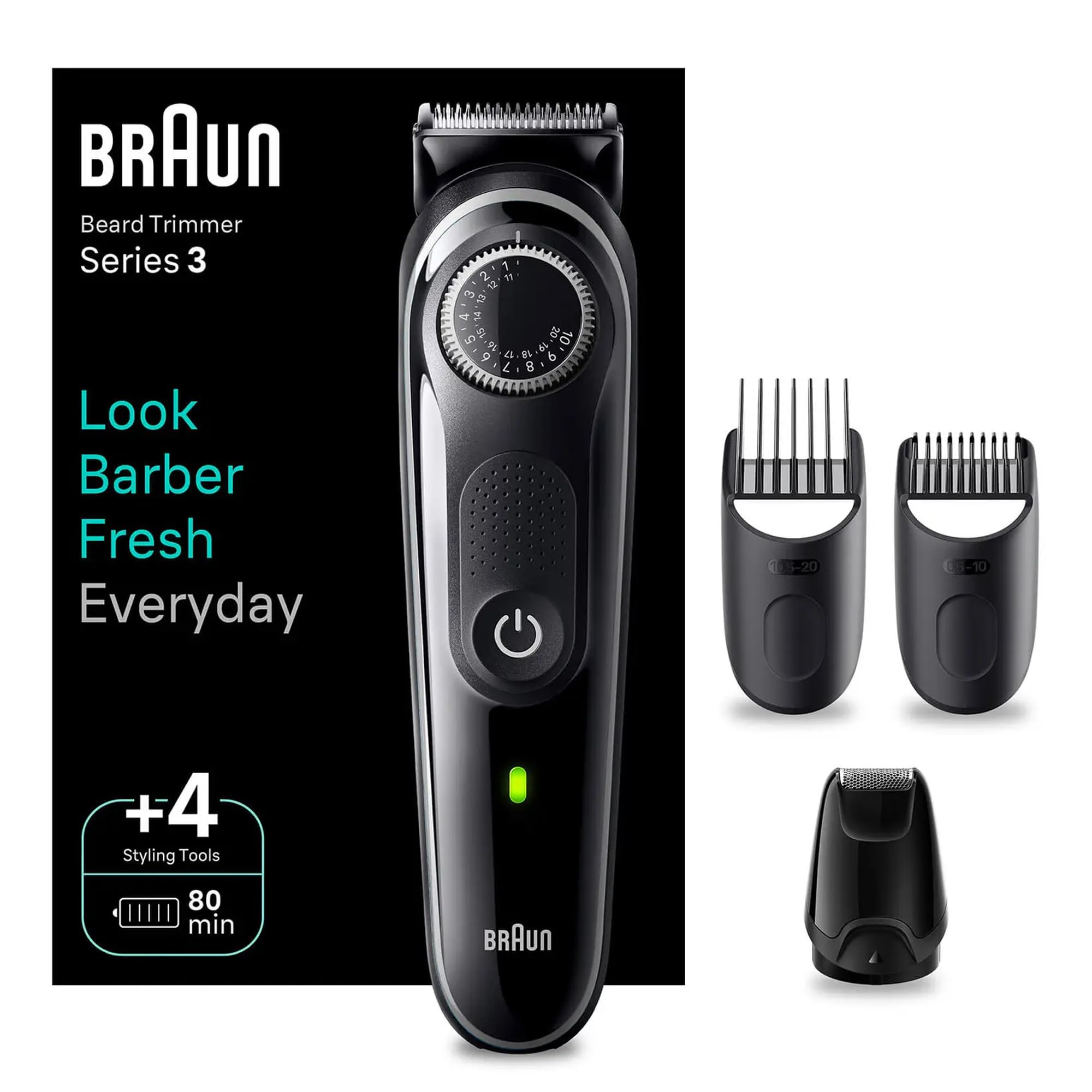 Braun BT3440 Beard Trimmer 3 With Precision Wheel, 4 Styling tools, 80 mins Runtime, Precise Styling at home, 40 length Settings - Black