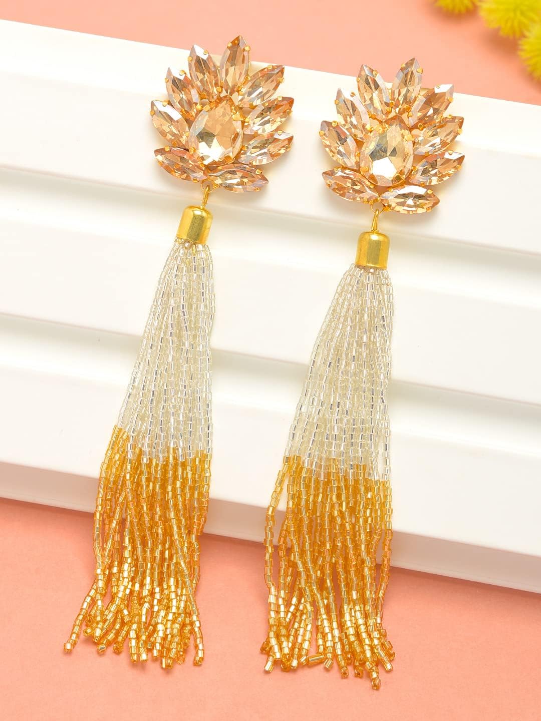 ZAVERI PEARLS Sparkling Crystals 22K Metal Gold Plated Fashion Forward Tassel Earring For Women-Zpfk7531