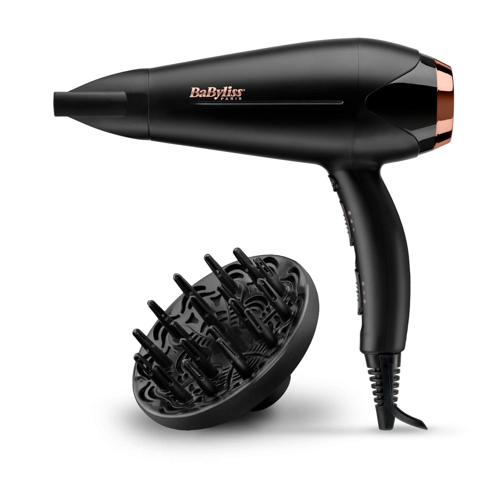 Babyliss Hair Dryer DC Motor, 2200W 3 Heat 2 Speed Cool Shot Slim Concentrator Nozzle, Ionic, Lightweight, Gold Black, Small, Portable with Diffuser D570SDE, 3 YEAR WARRANTY