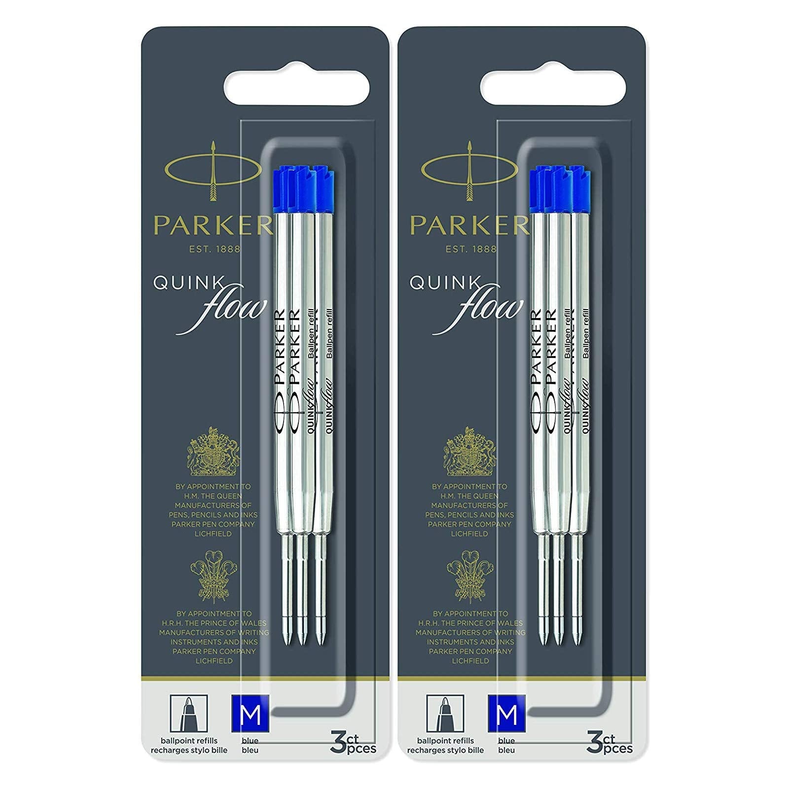 2 X Parker QuinkFlow Ballpen Medium Point Blue Ink Refill Pack of 6-Refills(1782470)